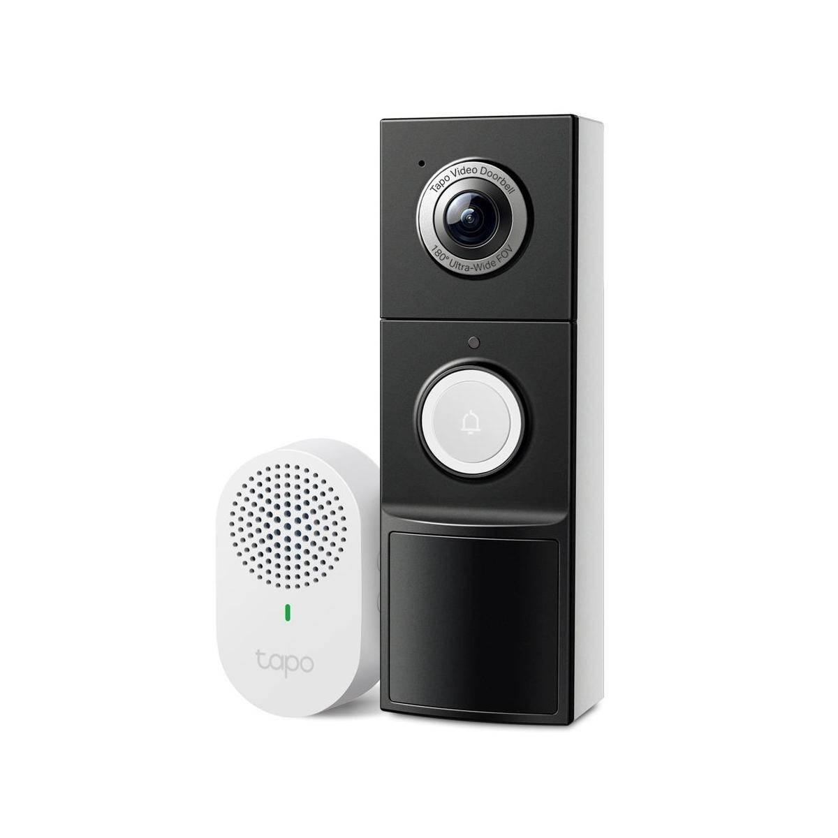 Eine schwarze Tapo Video-Türklingel mit Kamera, Klingeltaste und Sensor neben einem weißen Stecker-Chime-Lautsprecher.