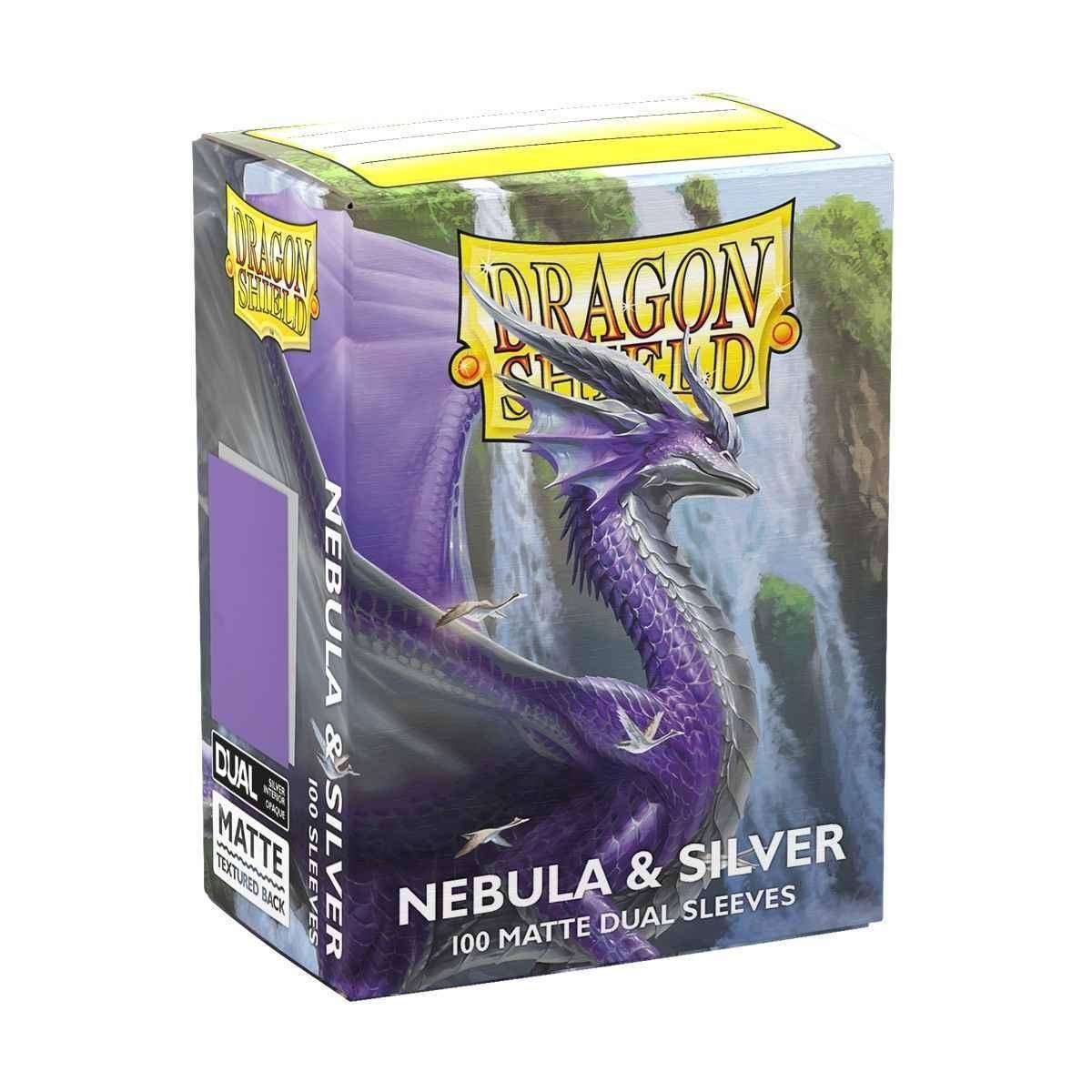 Schachtel Dragon Shield 'Nebula & Silver' 100 matte doppelseitige Kartenhüllen mit violettem Drachen-Artwork auf der Verpackung.