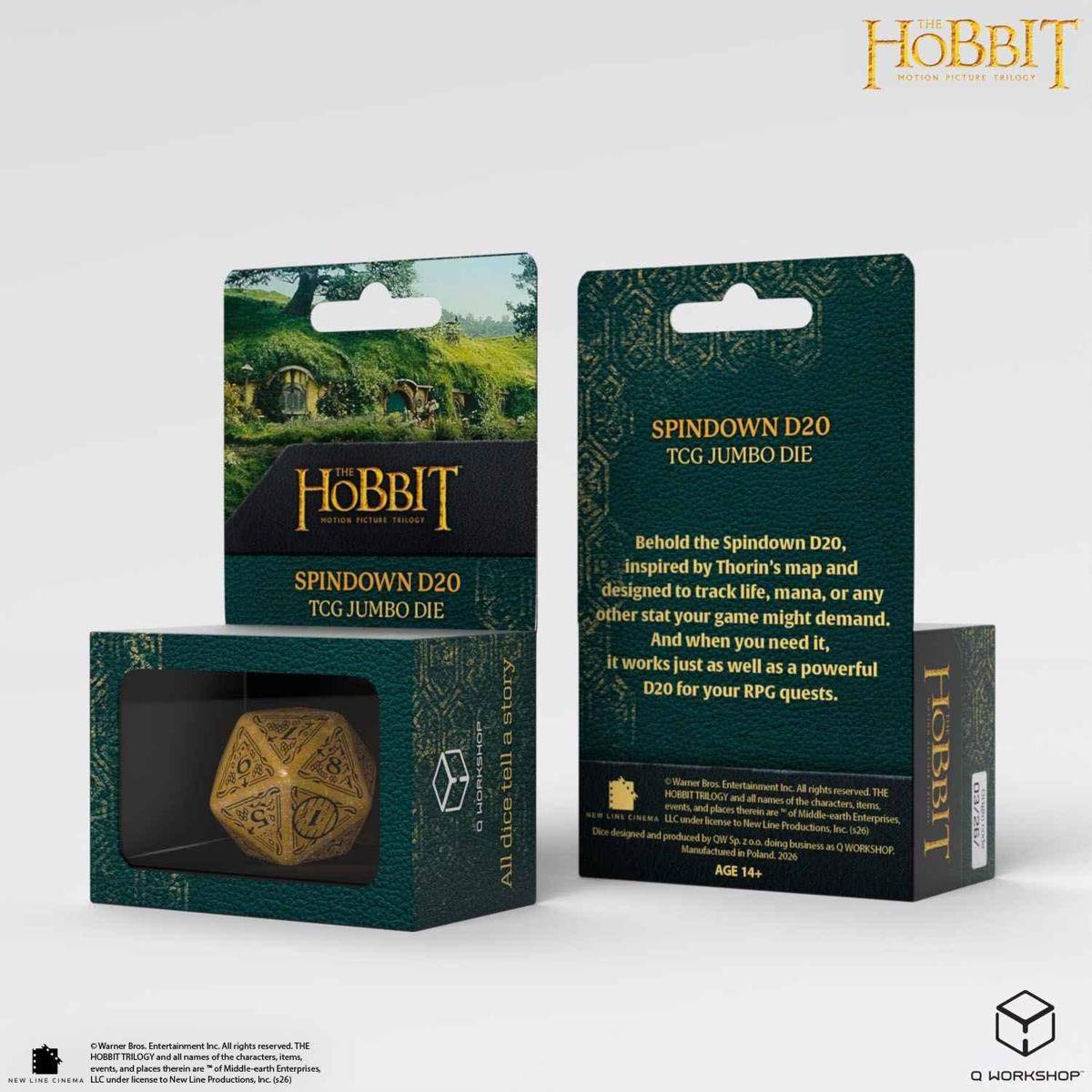 Der Hobbit Spindown D20 TCG Jumbo-Würfel in einer Displaybox, der einen goldenen 20-seitigen Würfel und Produktverpackung mit Hobbit-Branding zeigt.