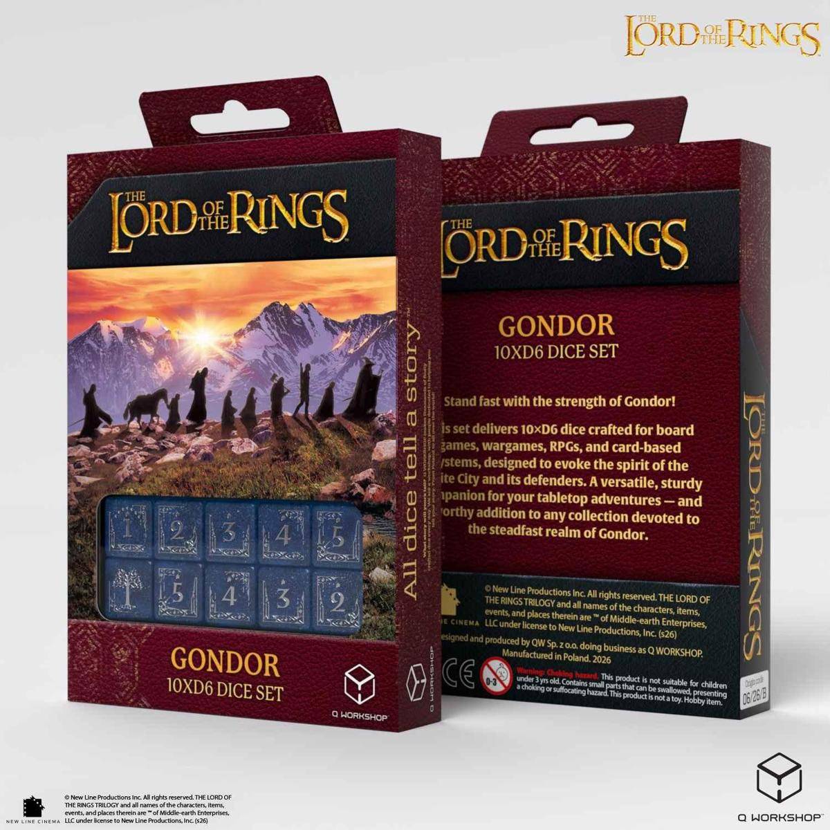 Verpackte Der Herr der Ringe Gondor 10xW6 Würfelset, mit Fantasy-Artwork und klaren Würfeln, die im Sichtfenster der Verpackung sichtbar sind.