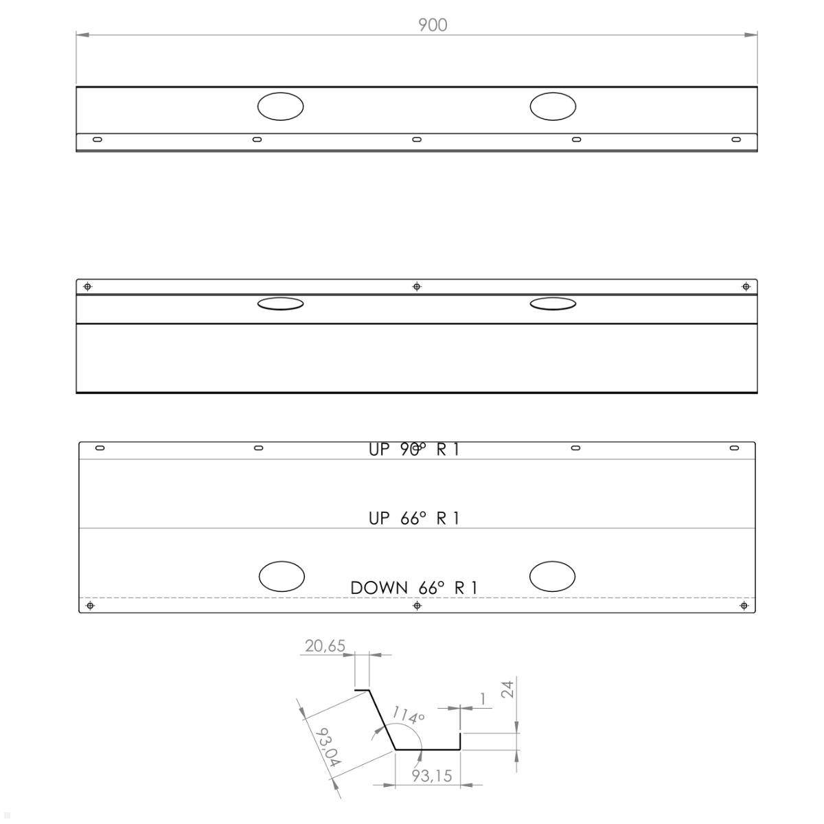 Technische Zeichnung eines 900 mm rechteckigen Metallpanels mit zwei ovalen Ausschnitten und Lochpositionierungen sowie Biegungsdetails mit den Beschriftungen OBEN 90° R1, OBEN 66° R1 und UNTEN 66° R1.