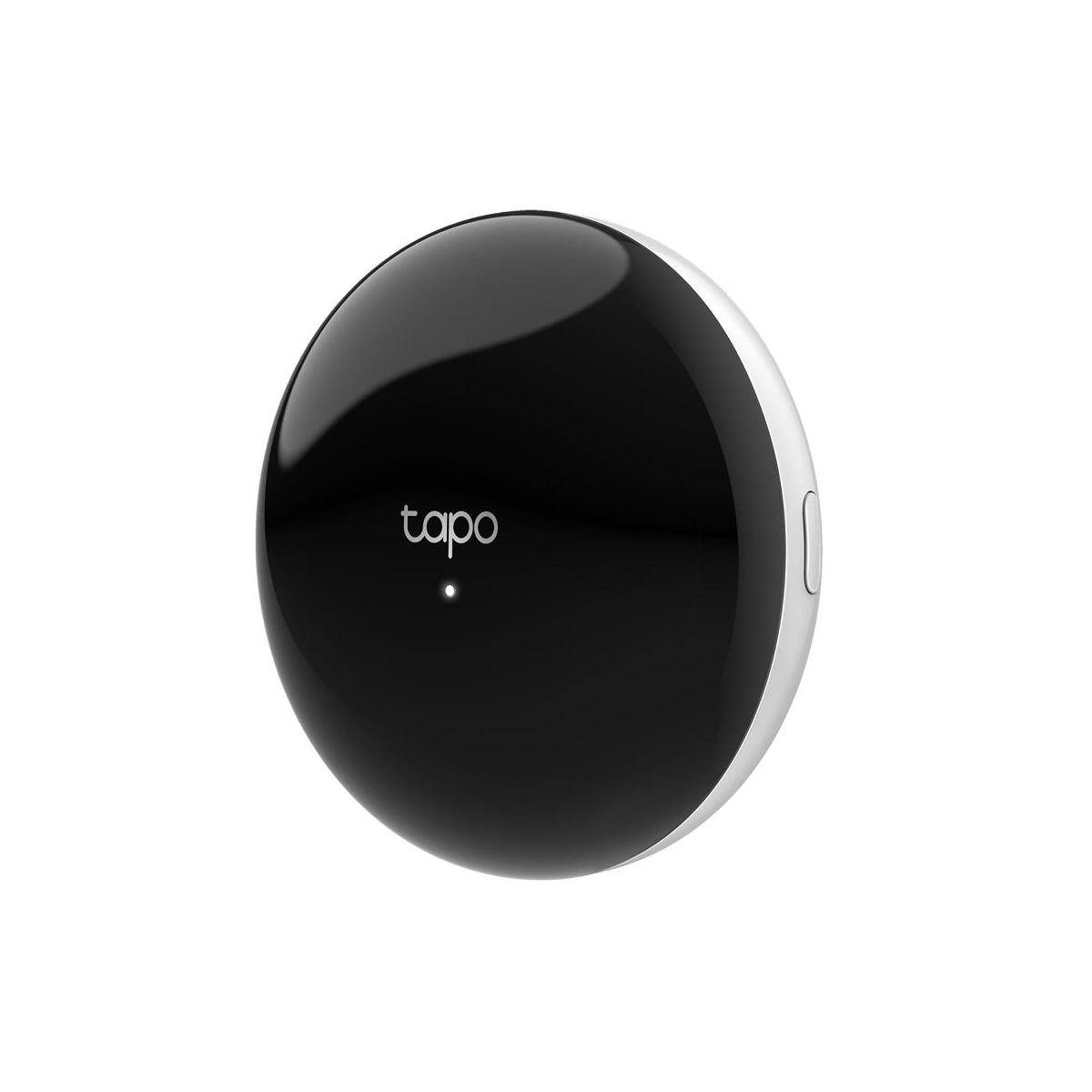 Schwarzes rundes Tapo-Smarthome-Gerät mit kleinem Statuslicht, auf weißem Hintergrund dargestellt.
