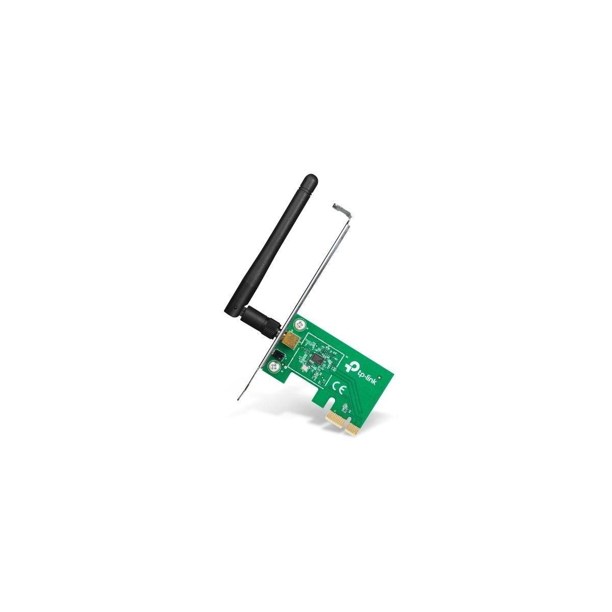 Grüner drahtloser Adapterkarte mit schwarzer Antenne und Metallhalterung auf weißem Hintergrund.