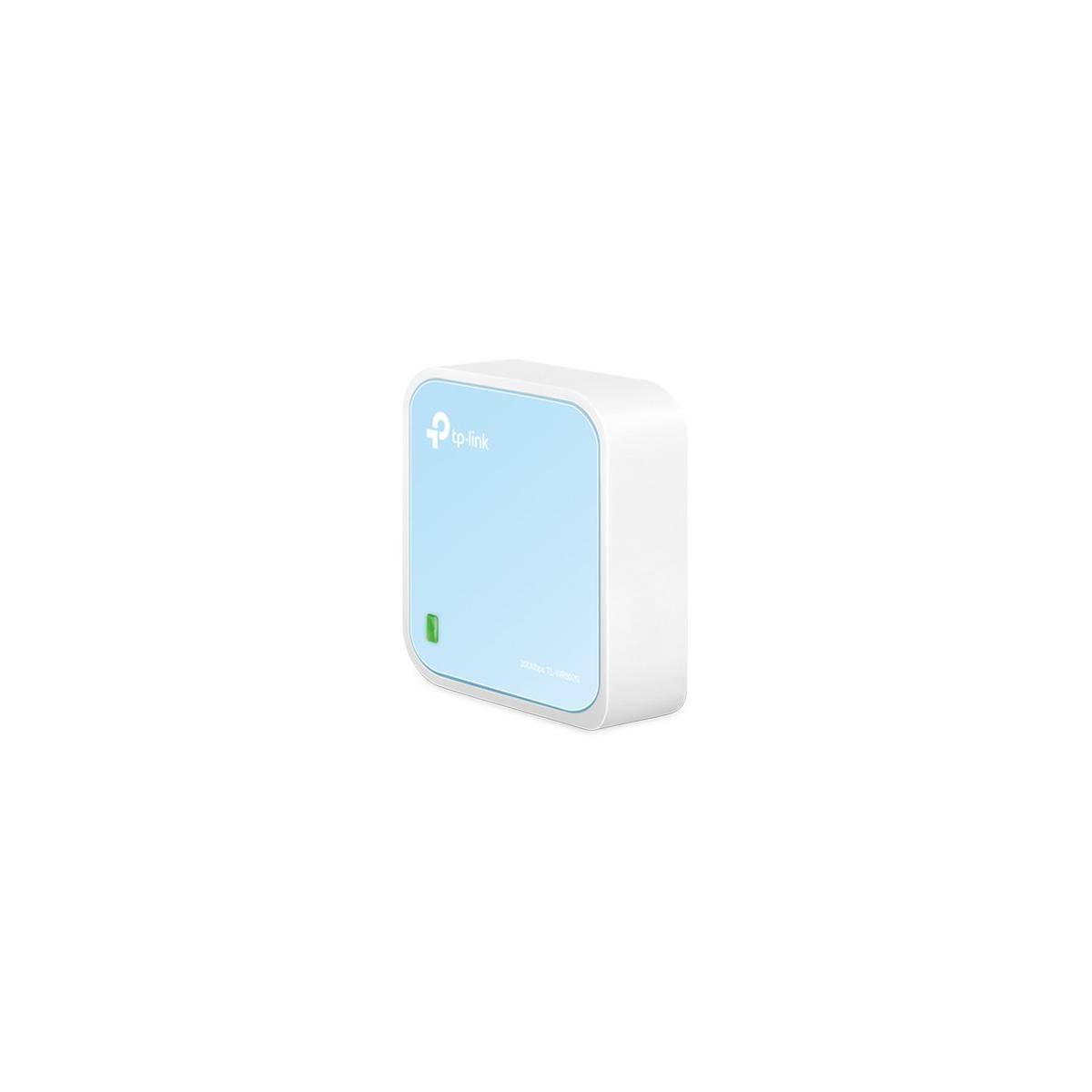Kleines weiß montiertes TP-Link-Gerät mit hellblauem Frontpanel, abgebildet auf einfachem weißem Hintergrund.