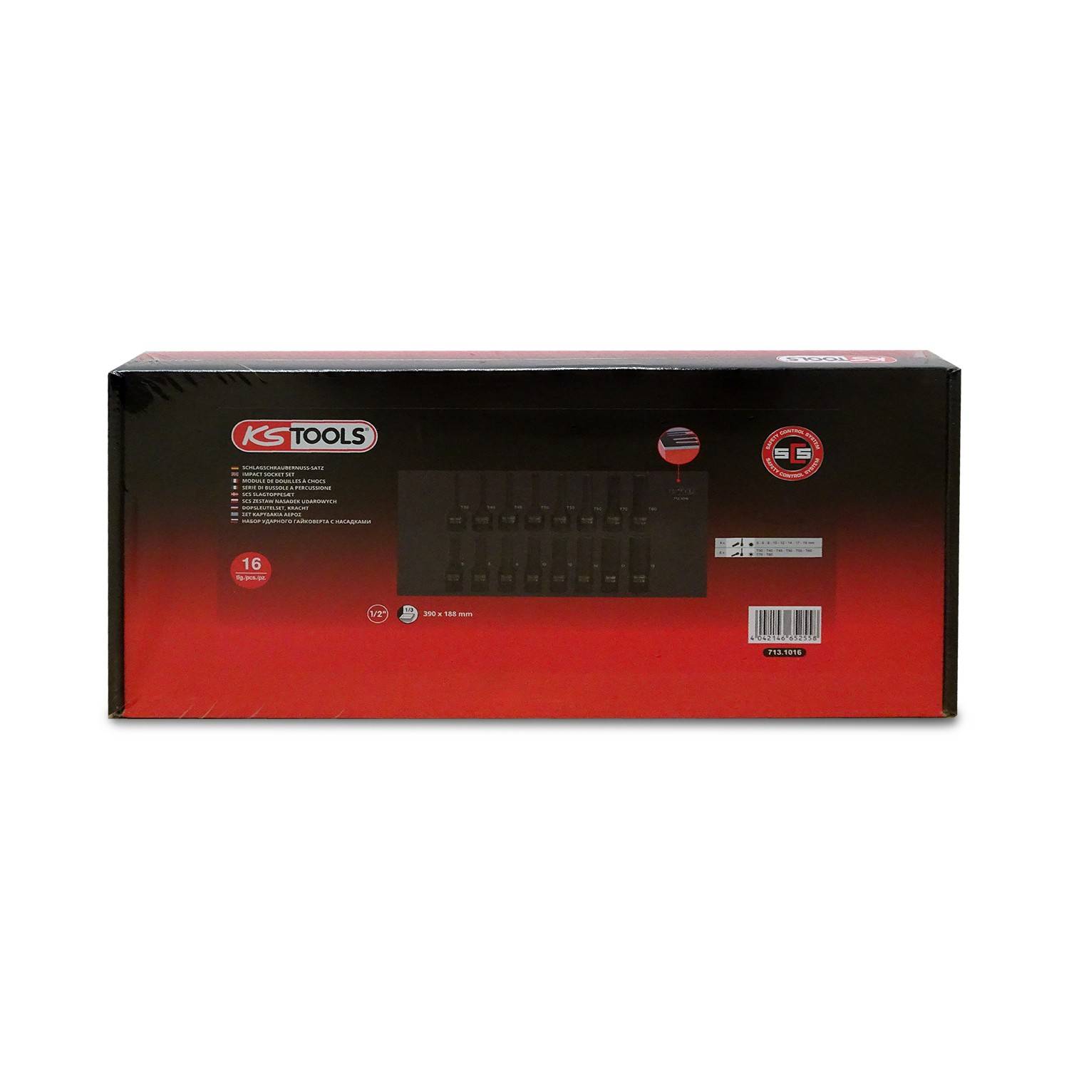 KS Tools 16-teiliger Steckschlüsselsatz in schwarzer und roter Einzelhandelsverpackung mit Produktabbildung und Barcode
