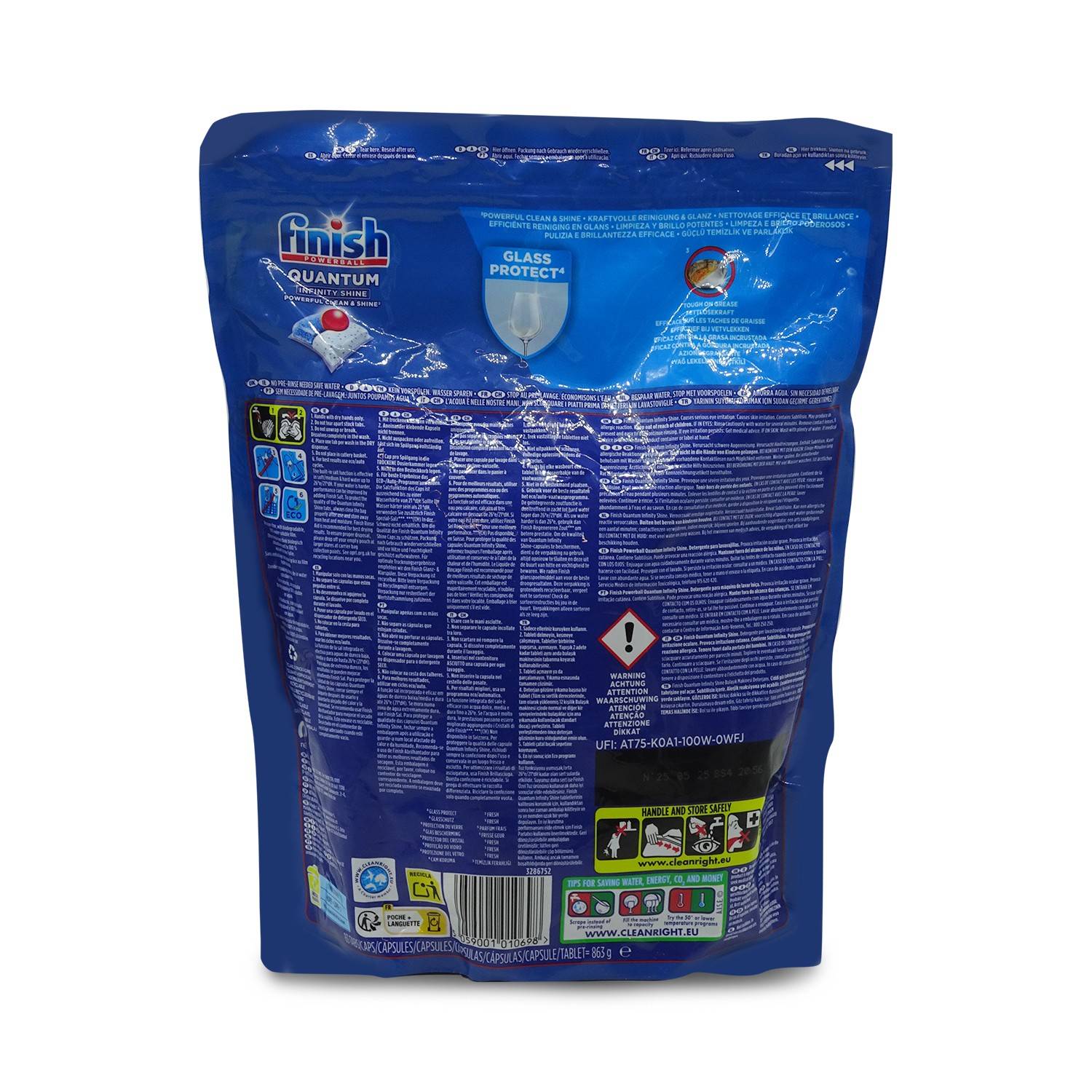 Rückseite eines blauen Finish Quantum Geschirrspülmittel-Beutels mit Produktmarke, 