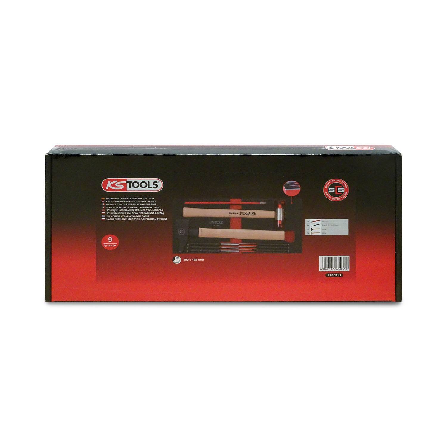 KS TOOLS Markenwerkzeugkasten in Rot und Schwarz, dargestellt auf weißem Hintergrund, mit Produktbild und Barcode auf der Vorderseite.
