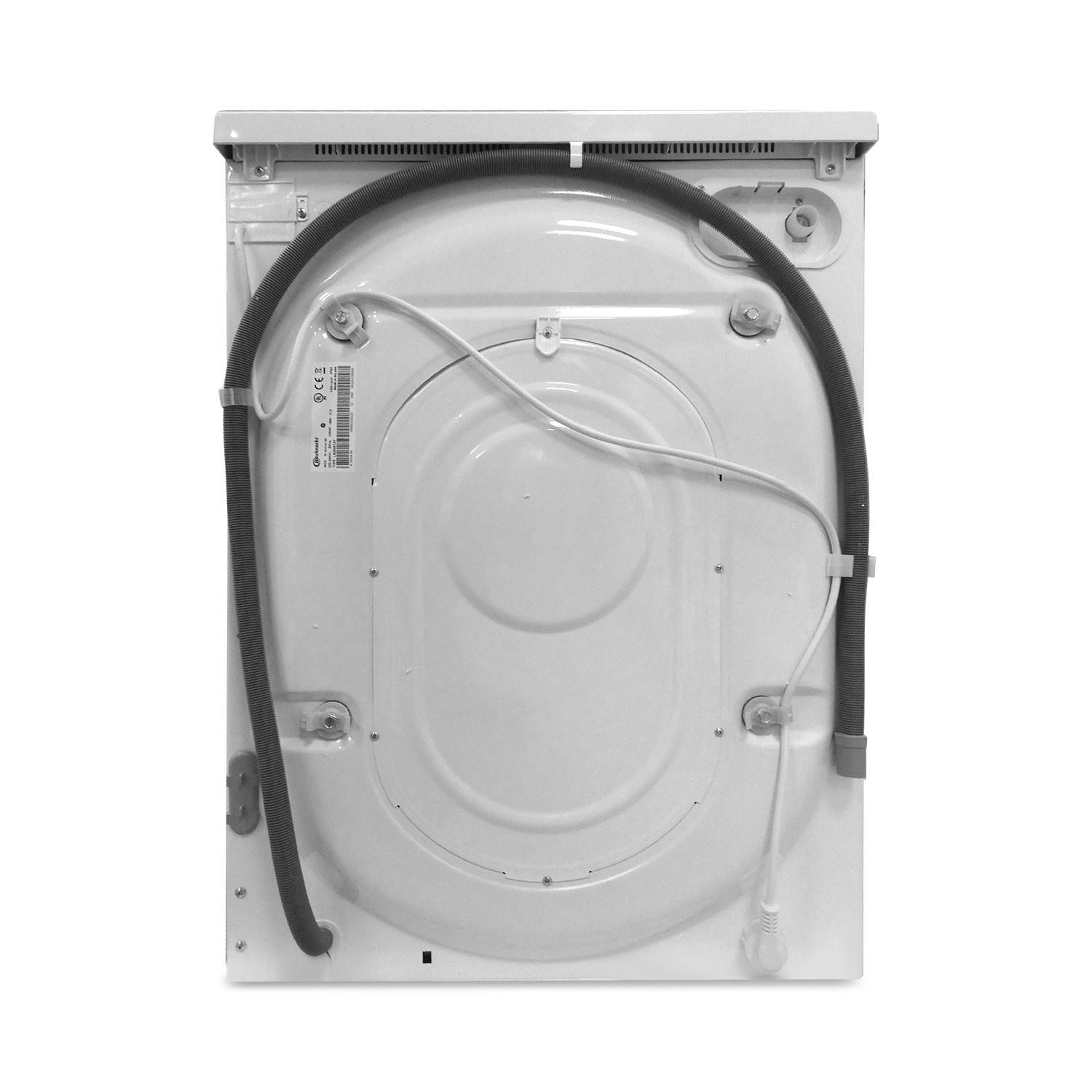 Rückseite eines Einbaugeräts oder einer Waschmaschine, die ein großes rundes Metallpaneel, einen Schlauch, Verkabelung und Befestigungshardware zeigt.
