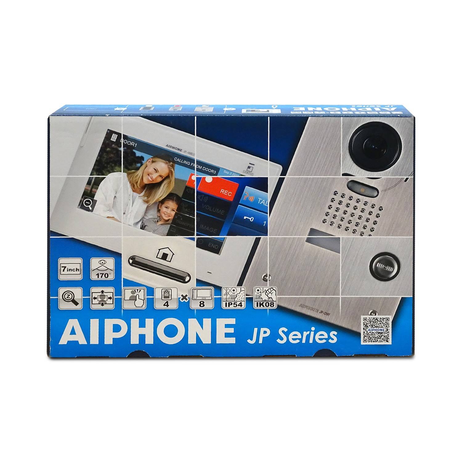 Aiphone JP Serie Gegensprechanlage Produktbox zeigt ein Video-Türsprechgerät mit Kamera, Bildschirm, Tastatur, Ruftaste und Funktionssymbolen.