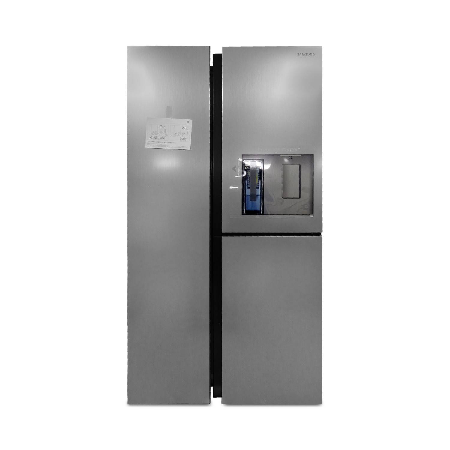 Edelstahl-Seite-an-Seite-Kühlschrank mit integriertem Wasser- und Eisdispenser an der rechten Tür.