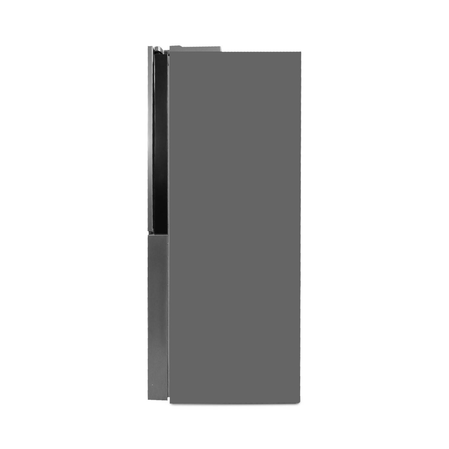 Graues rechteckiges elektronisches Gerät in Seitenansicht dargestellt, mit einem schmalen dunklen inneren Streifen entlang der linken Kante.