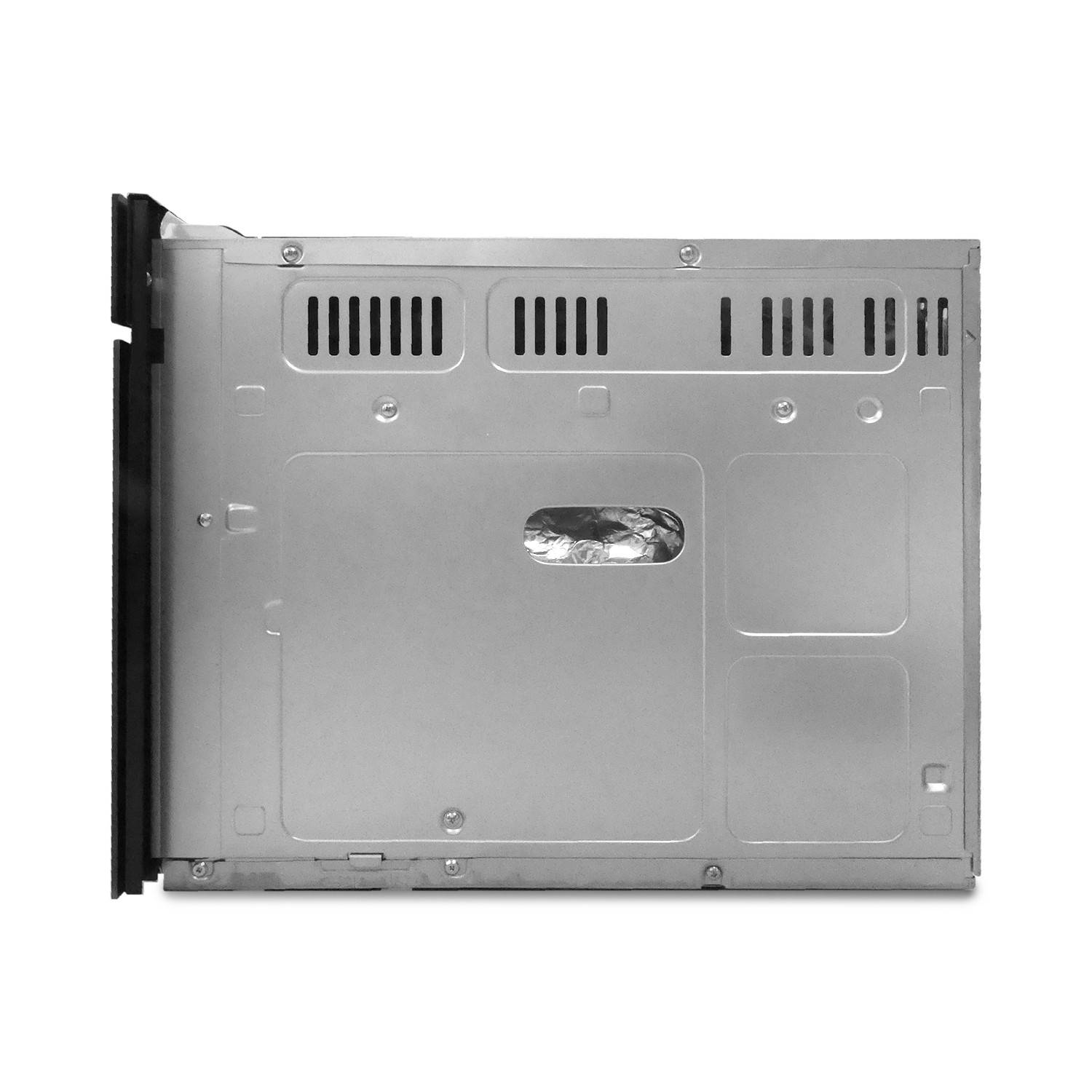 Seitenansicht eines silbernen Metall-Elektronik-Gerätegehäuses mit Belüftungsschlitzen und Schraubenlöchern, isoliert auf weißem Hintergrund.