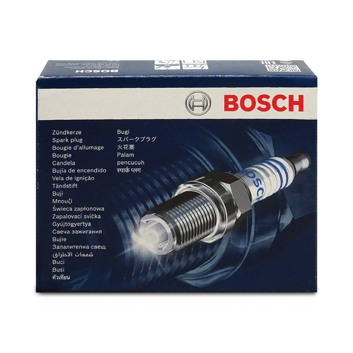 Bosch Zündkerzenproduktkarton mit einer großen Abbildung einer Zündkerze und dem roten BOSCH-Logo, mit mehrsprachigen Etiketten für „Zündkerze