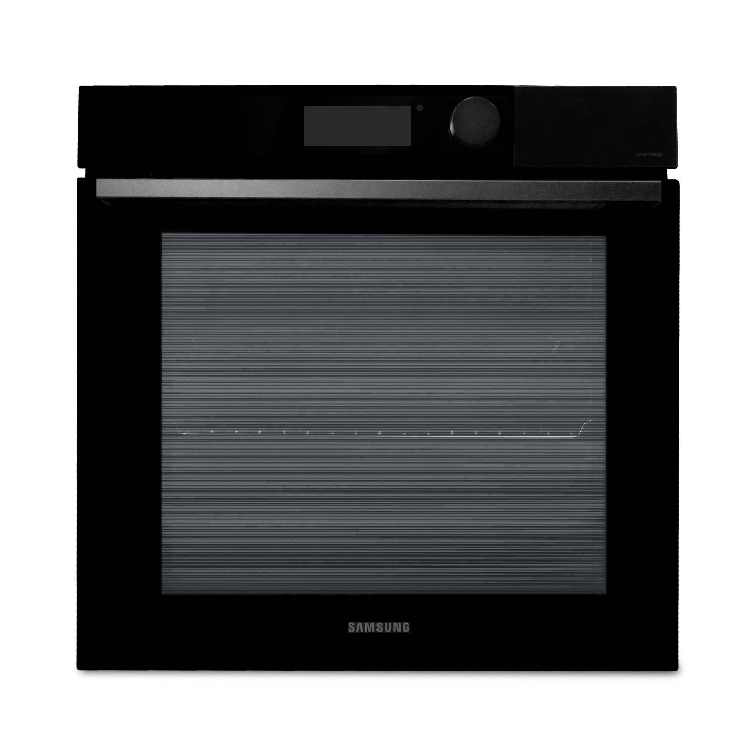 Vorderansicht eines schwarzen Samsung-Einbauofens mit Glastür, digitaler Anzeige und Bedienknopf.