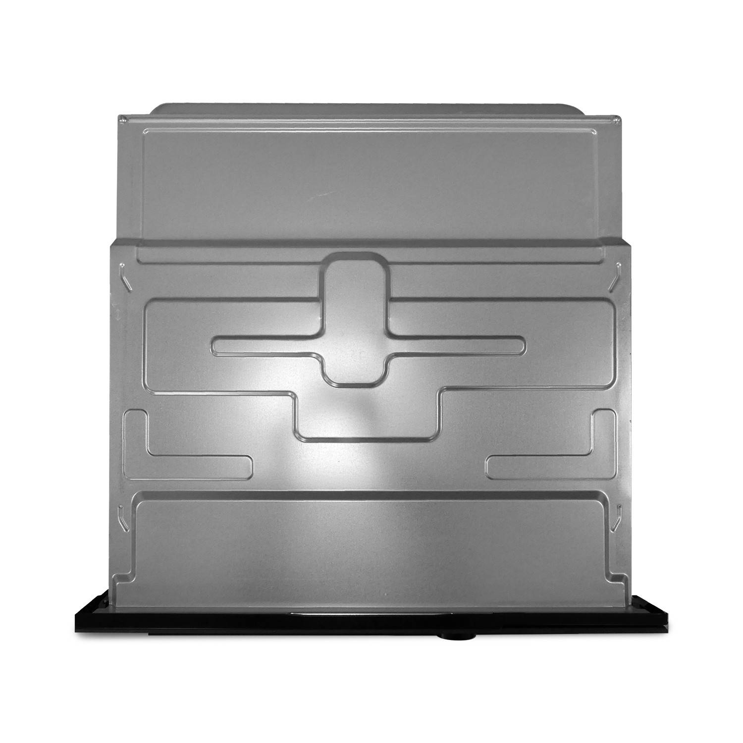 Graues Metallgerätepanel mit geprägten geometrischen Kanälen und schwarzer Basis auf weißem Hintergrund.