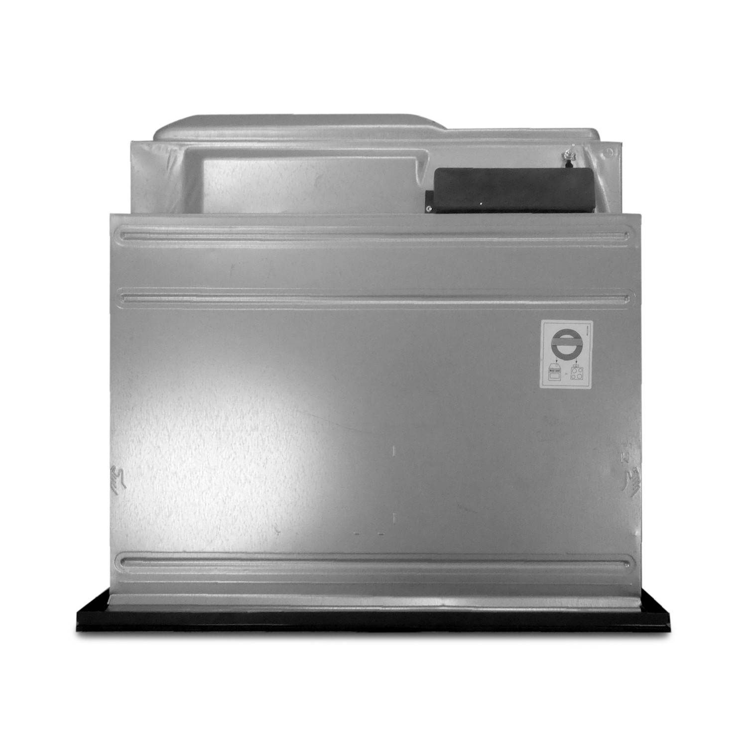 Metallisches rechteckiges HVAC-Filterschrank mit oberer Öffnung und schwarzer Basis, Vorderansicht auf weißem Hintergrund.