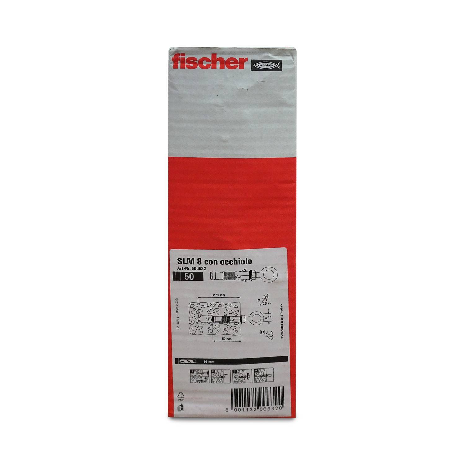 Paket Fischer SLIM 8 Ösenankern, von vorne gezeigt mit Produktetikett, Installationsdiagramm und Strichcode.