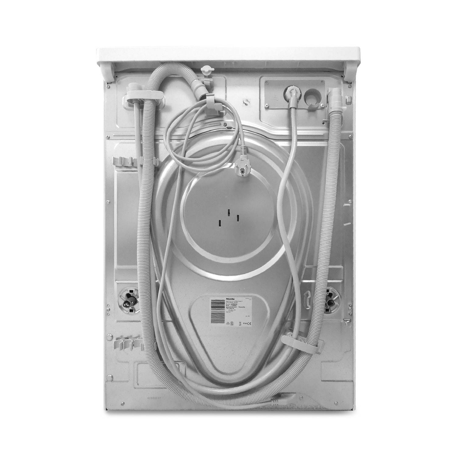 Rückansicht einer Waschmaschine mit freigelegten Schläuchen, Verdrahtung und Metallrückwand.