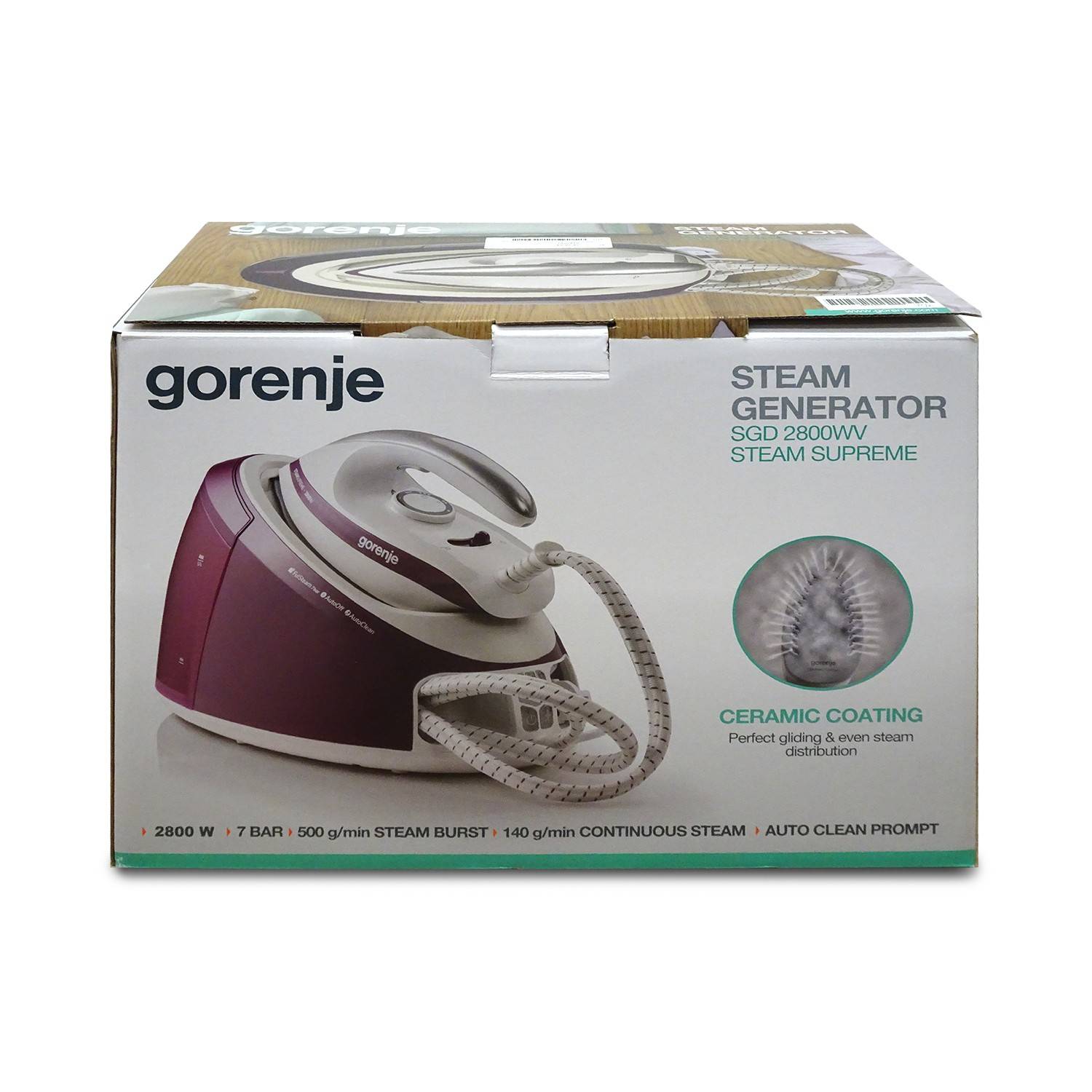 Verpackung eines Gorenje-Dampfbügeleisengeräts, beschriftet mit „SGD 2800W Steam Supreme
