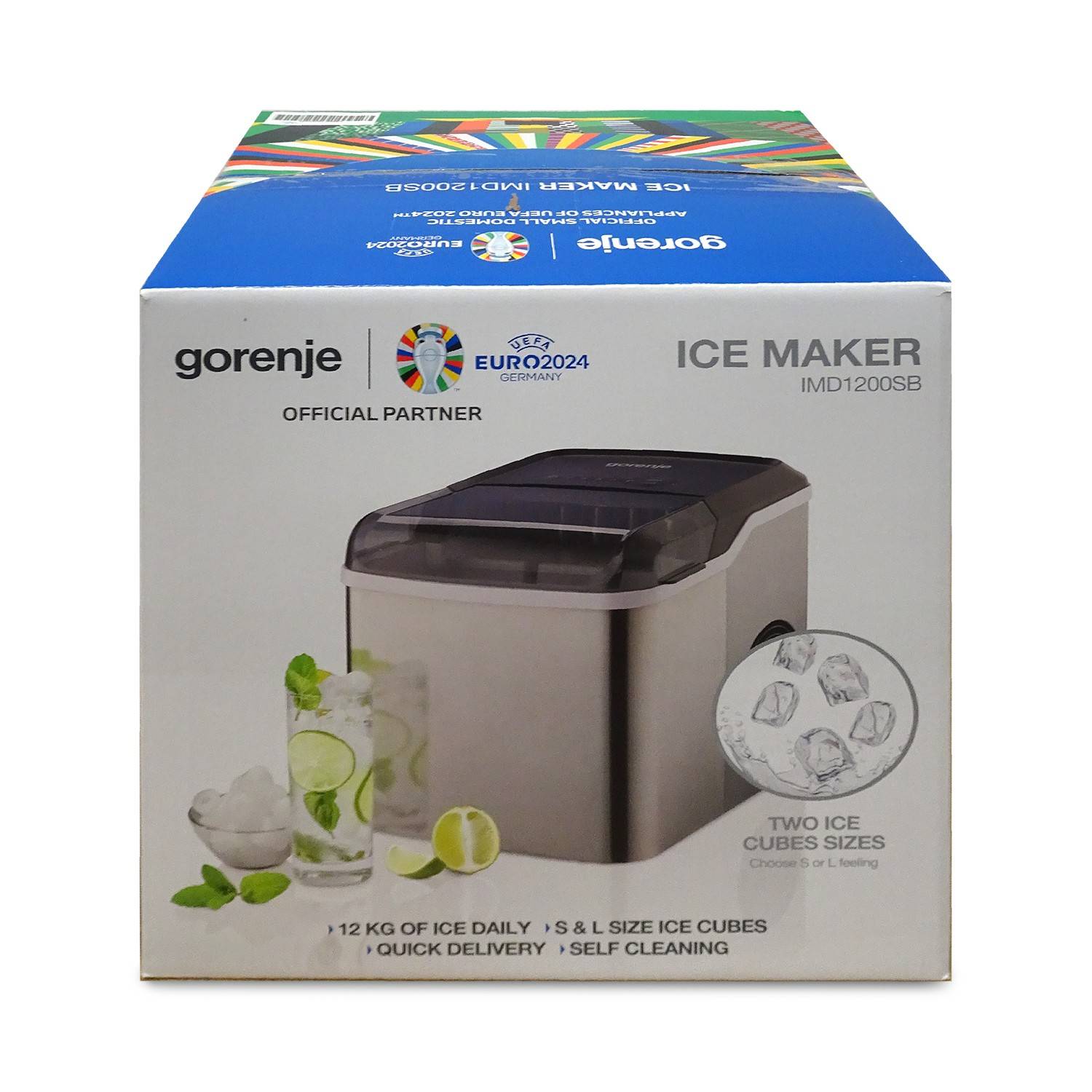 Schachtel für einen Gorenje-Eismacher, Modell IMD120SB, mit Produktfoto und Etiketten für 12 kg tägliches Eis, schnelle Lieferung, Selbstreinigung und zwei Eiswürfelgrößen.