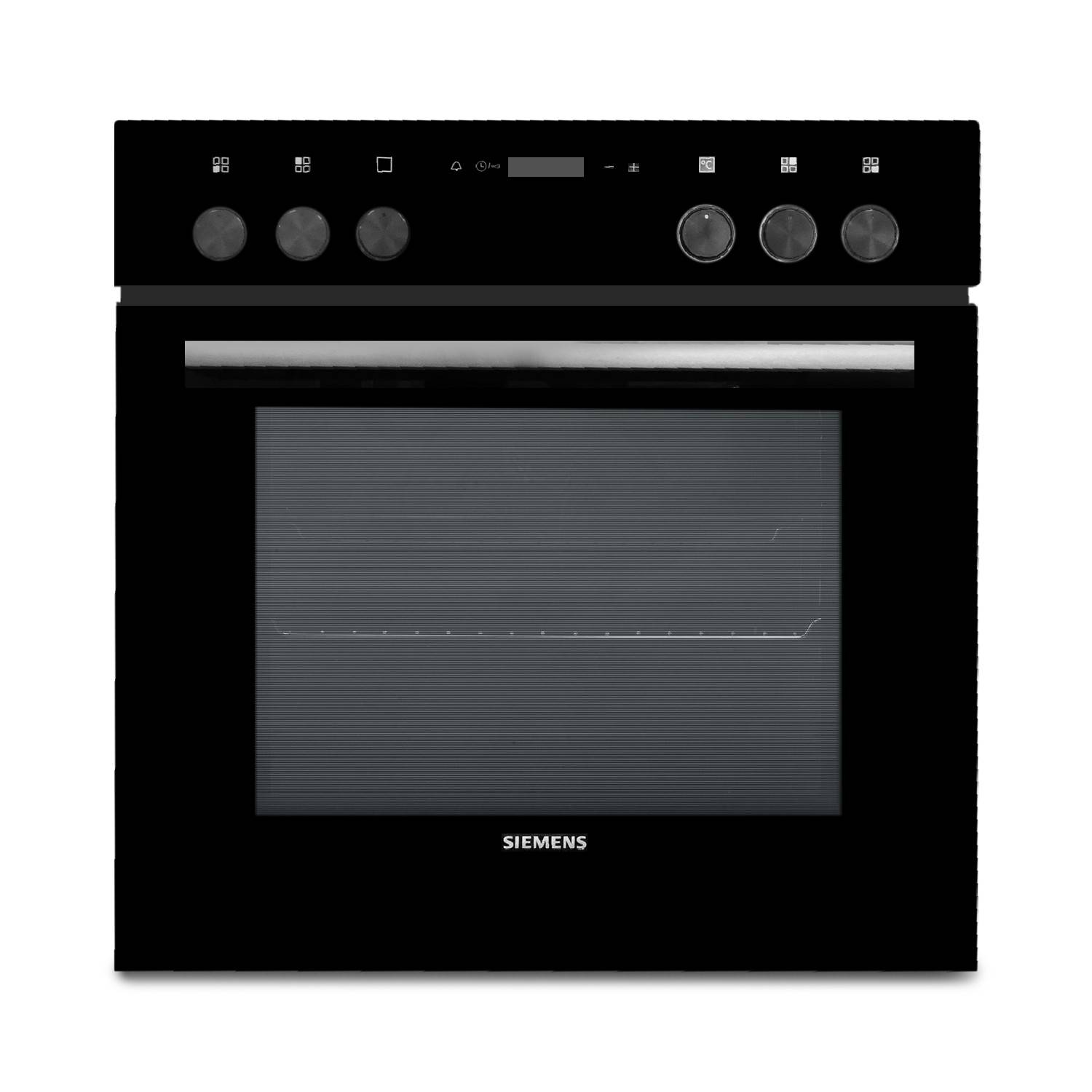 Schwarzer Siemens-Einbauofen mit digitalen Drehknöpfen und großer Glastür, frontal auf weißem Hintergrund abgebildet.