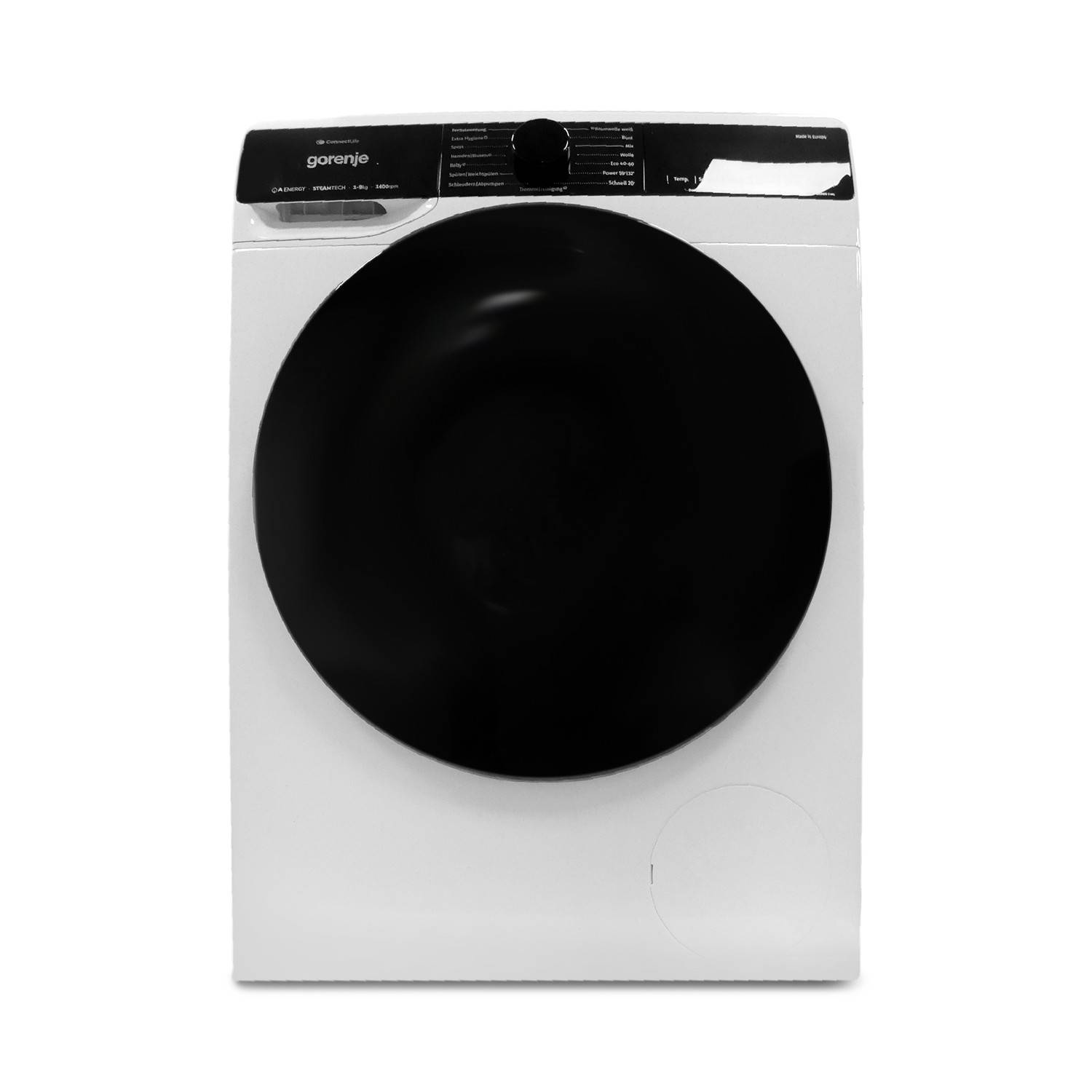 Frontansicht einer weißen Gorenje-Frontladewaschmaschine mit einer großen schwarzen runden Tür und Bedienfeld oben.