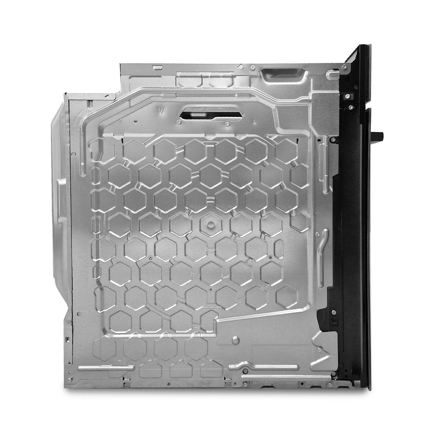 Seitenansicht eines Metallgeräte-Panels oder Chassis mit einem hexagonalen Prägemuster und schwarzer Befestigungsleiste auf der rechten Seite.