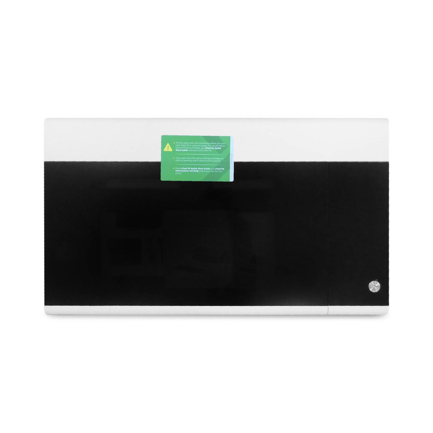 Schwarzer an der Wand montierter Bildschirm oder Panel mit einem grünen Warnschild, das oben in der Mitte zentriert ist, und einem kleinen runden Logo unten rechts.