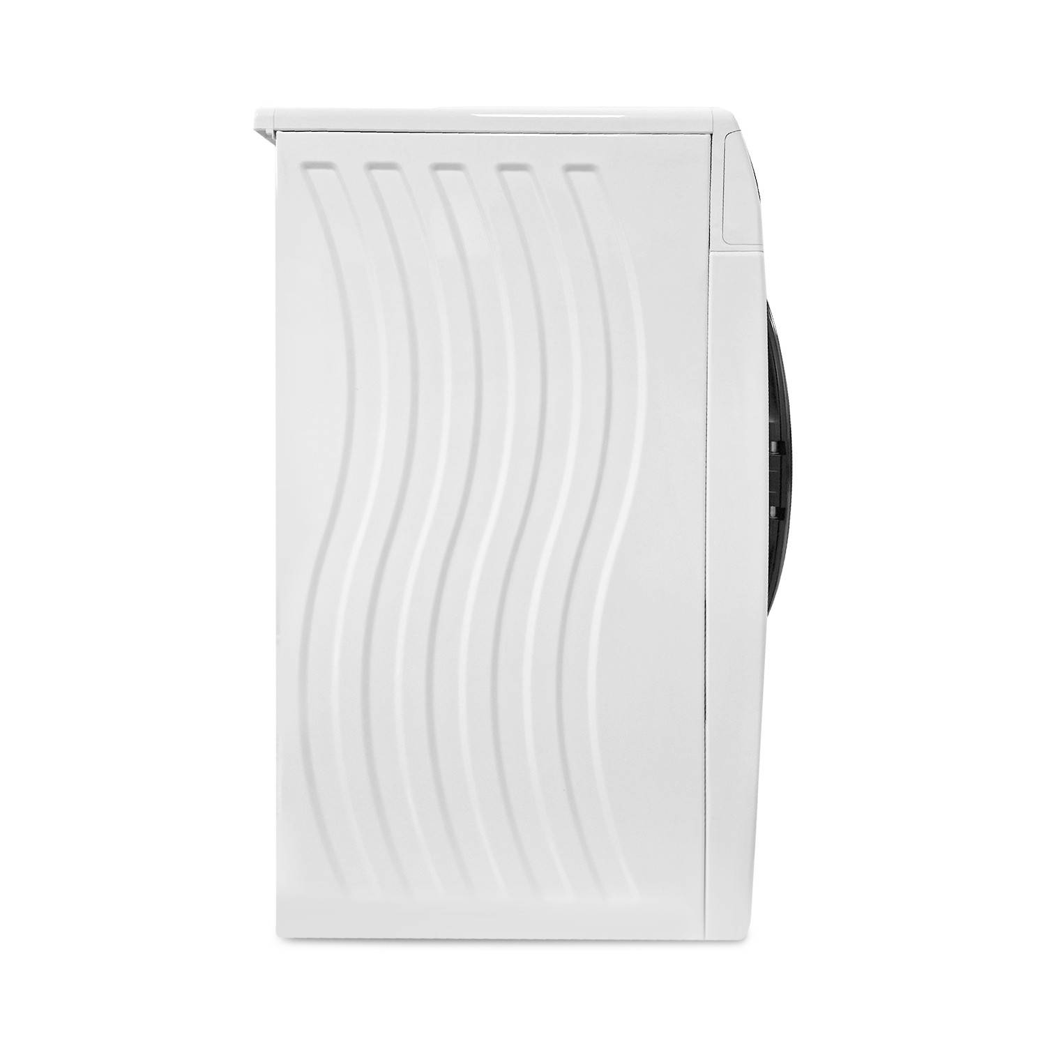 Weiße, wandmontierte elektrische Handtrockner mit einem gebogenen Frontpanel, gezeigt in Seitenansicht vor einem einfachen Hintergrund.