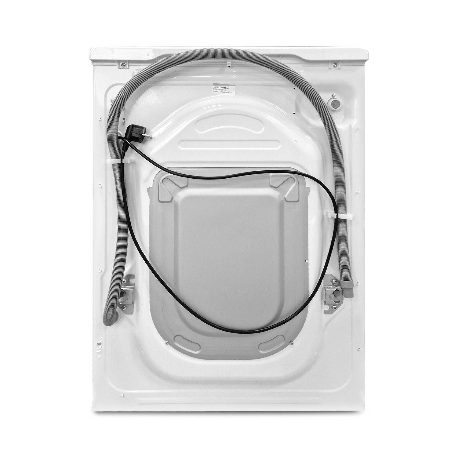 Rückansicht einer Waschmaschine mit sichtbarem Rückpanel, Ablaufschlauch und Stromkabel, das über das Gerät verlegt ist.