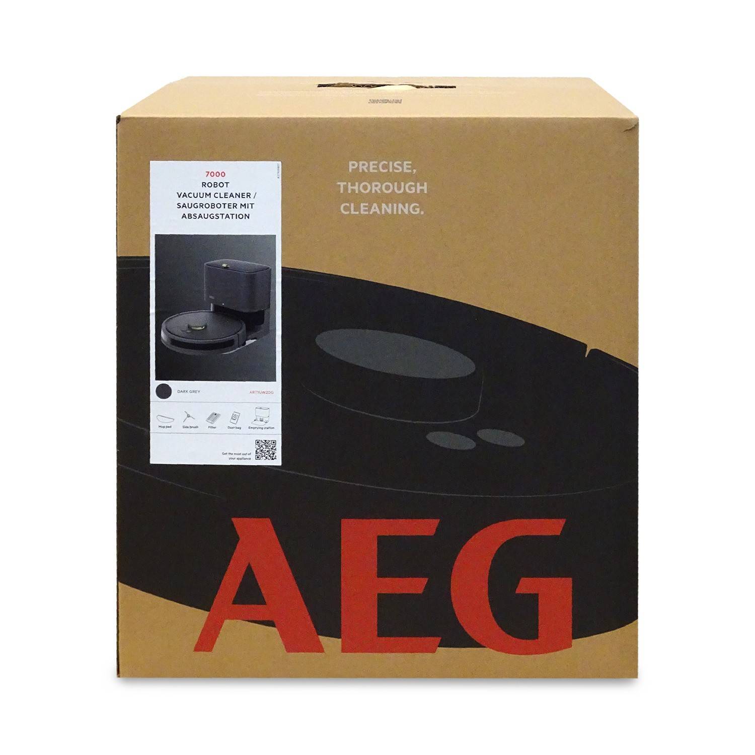 AEG-Staubsaugerroboter in brauner und schwarzer Schachtelverpackung mit Produktfoto, dem Text „PRÄZISE, GRÜNDLICHE REINIGUNG.