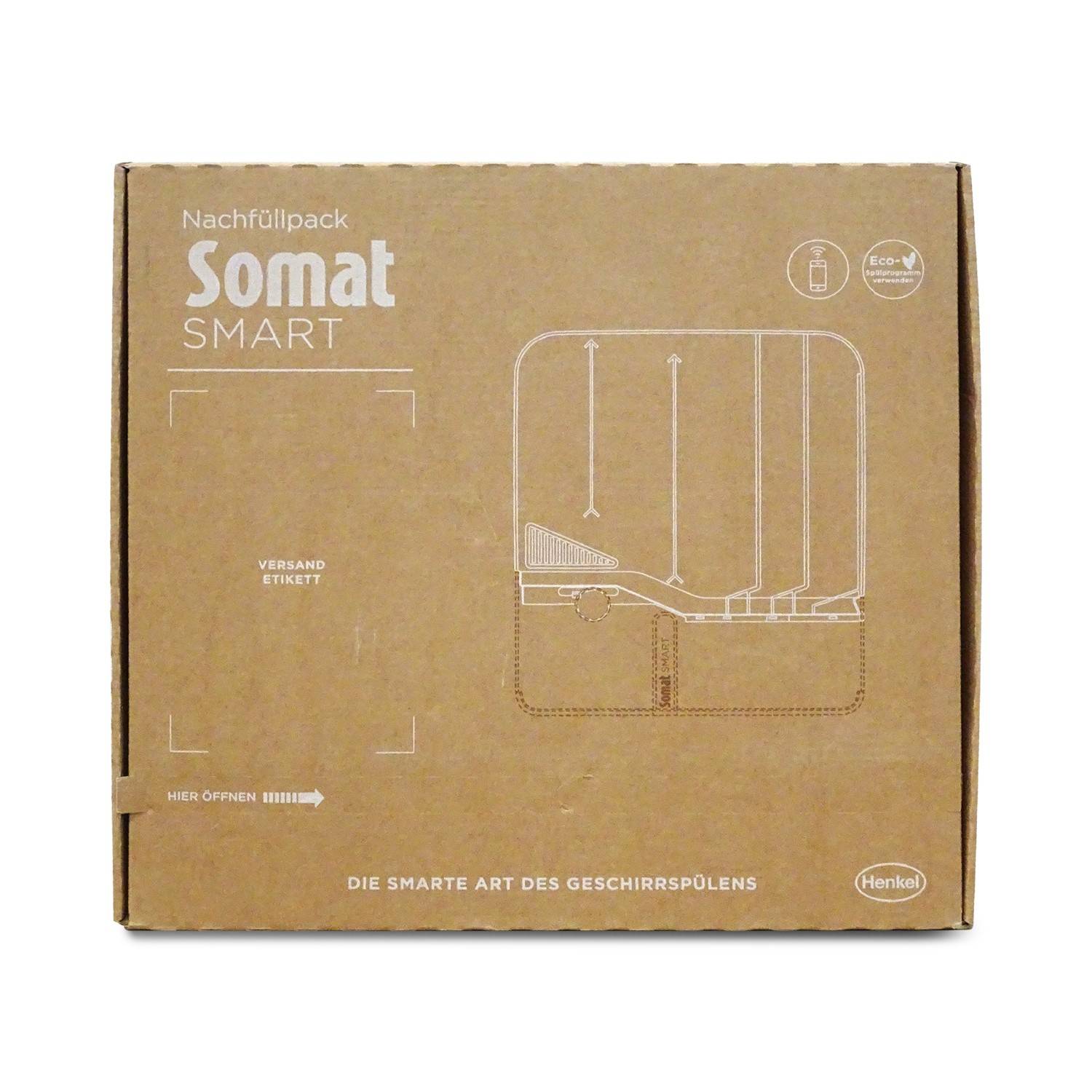 Braune Kartonage Nachfüllpackung von Somat Smart Spülmittelklarspüler, mit Produktname und Nachfüllkarton-Diagramm auf der Vorderseite bedruckt.