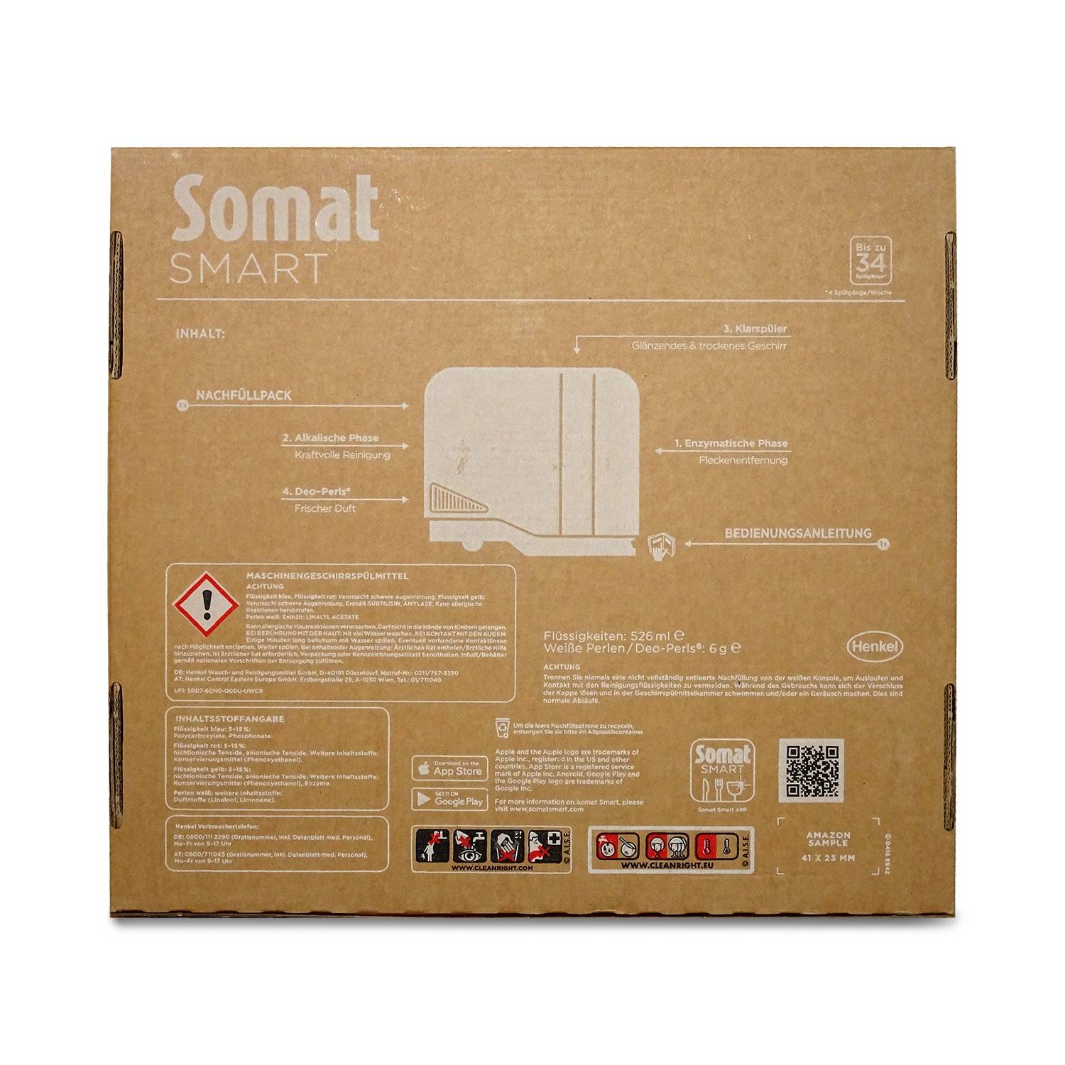 Braun Somat Smart Geschirrspülmittel-Karton in Frontansicht, mit Produktname, Geschirrspüler-Diagramm, Warnzetttel und Gebrauchsanweisungen.