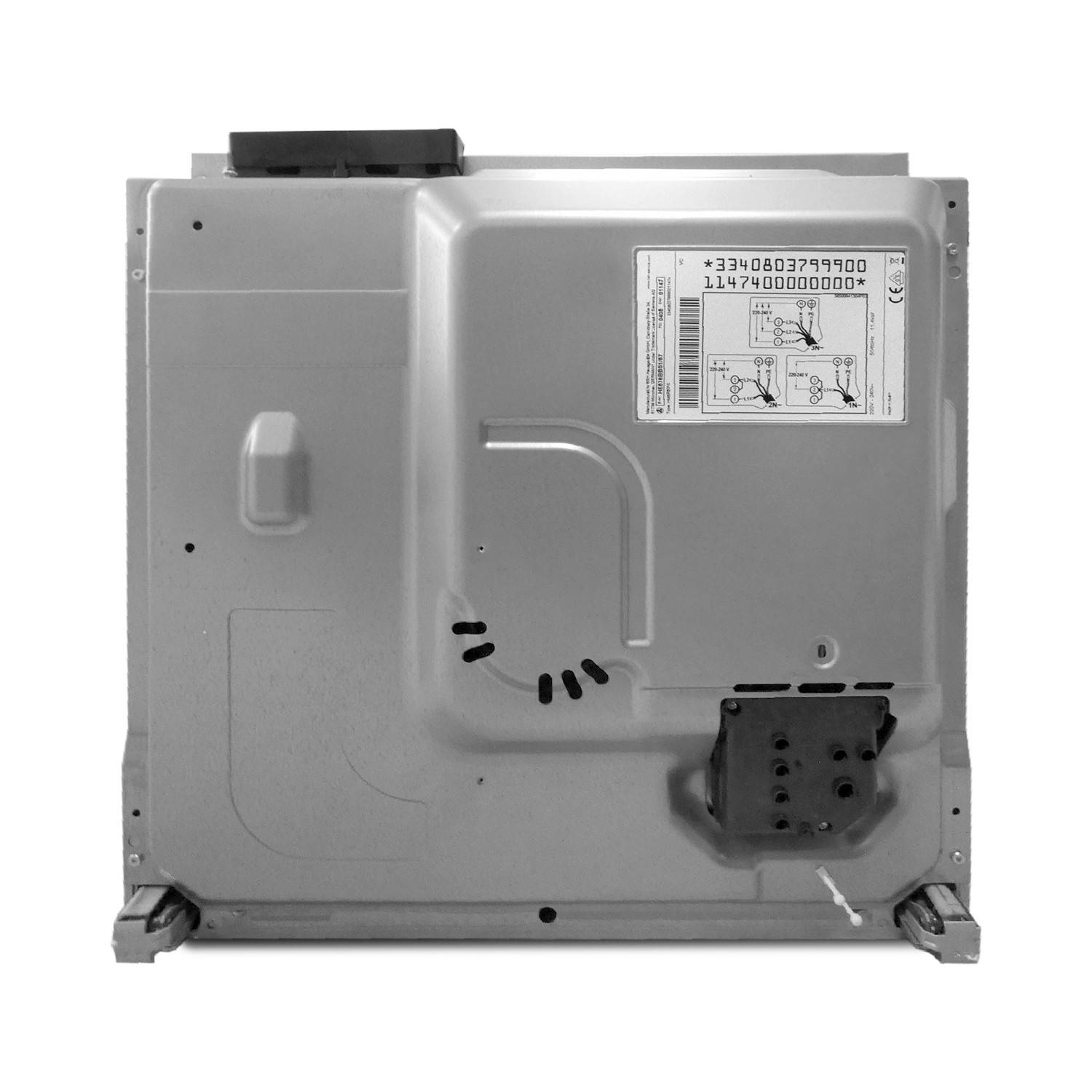 Rückansicht eines silbernen Geräts oder Metallpanels mit einem Warnschild, Befestigungspunkten und einem schwarzen Steckverbinder in der unteren rechten Ecke.