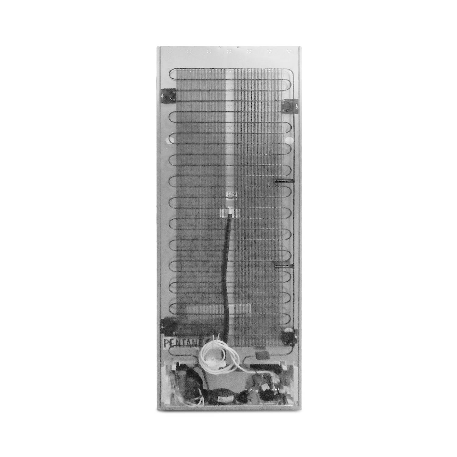 Röntgenaufnahme eines rechteckigen elektronischen Geräts mit einer dichten internen Spule oder einem Gitter, einem zentralen Kabel und Komponenten am unteren Ende.