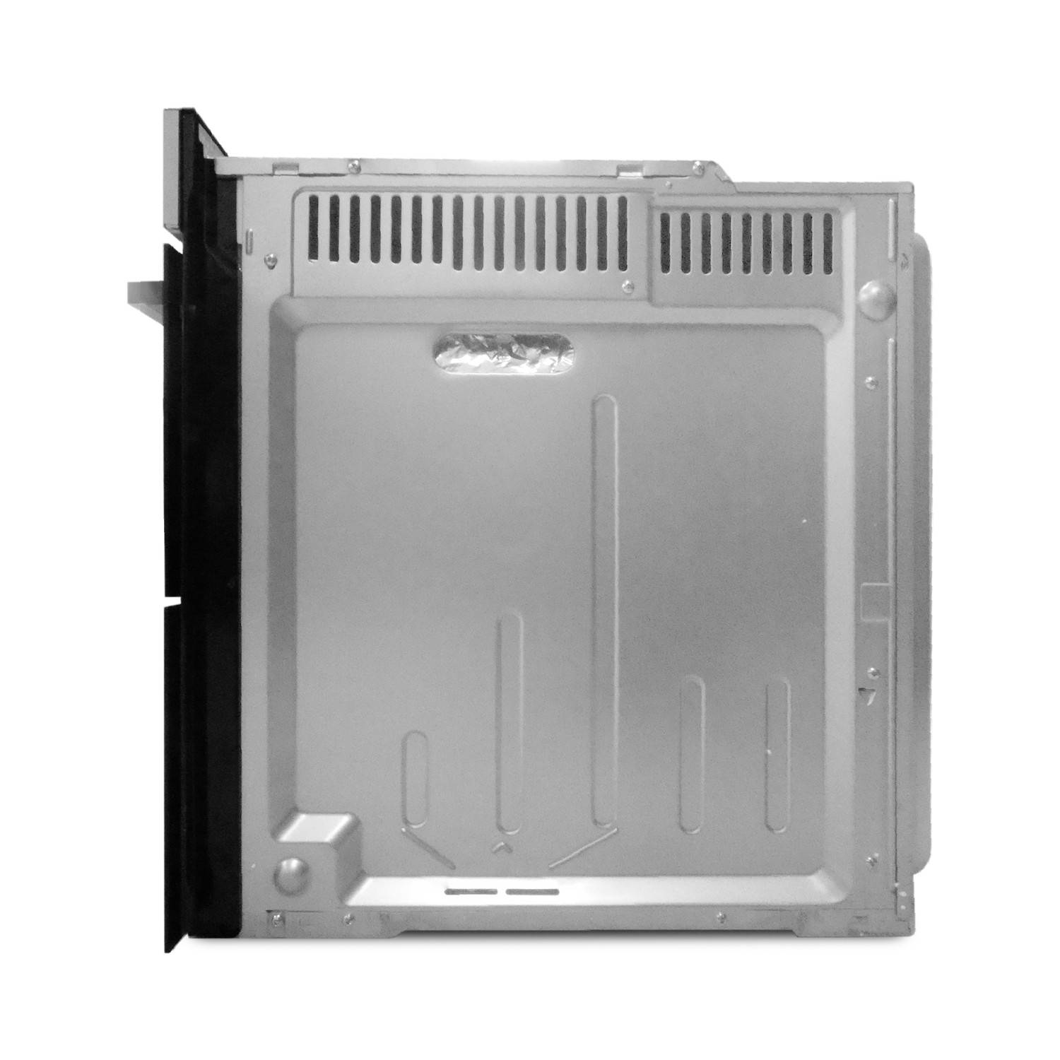 Metallisches Silber-Gerätepanel mit Belüftungsschlitzen und Montageerahmen, Vorderansicht auf weißem Hintergrund.