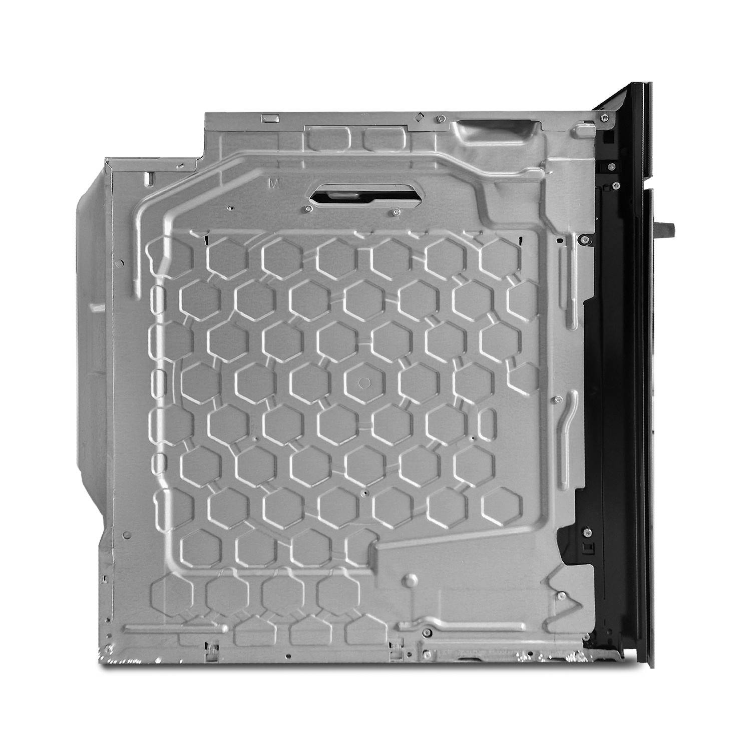 Rückansicht eines silbernen Gerätepanels mit einer sechseckig geprägten Metalloberfläche und schwarzem Seitenrahmen auf weißem Hintergrund.