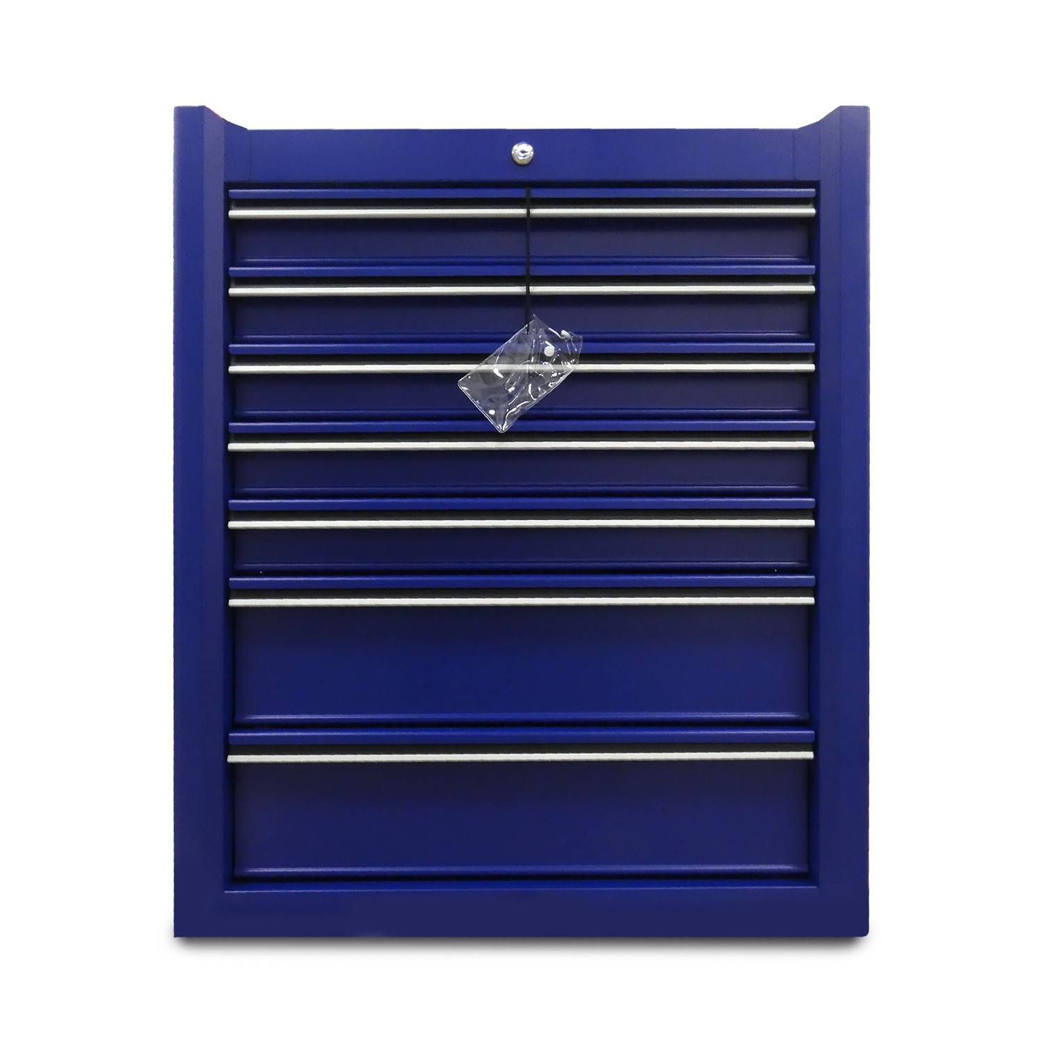 Blauer wandmontierter Organizer-Schrank mit mehreren horizontalen Metallschienen und einer kleinen transparenten Hängetasche an der Vorderseite