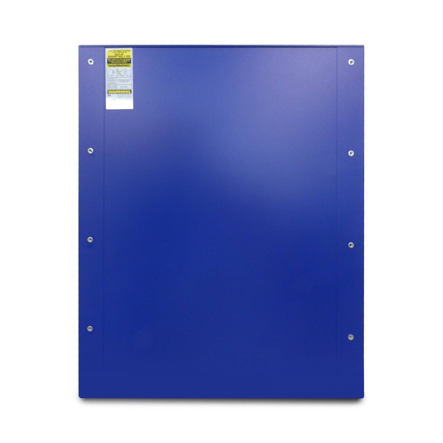 Blaue Metallstromverteilerschrankstür mit Warnschild und Schraubverschlüssen auf neutralem Hintergrund.