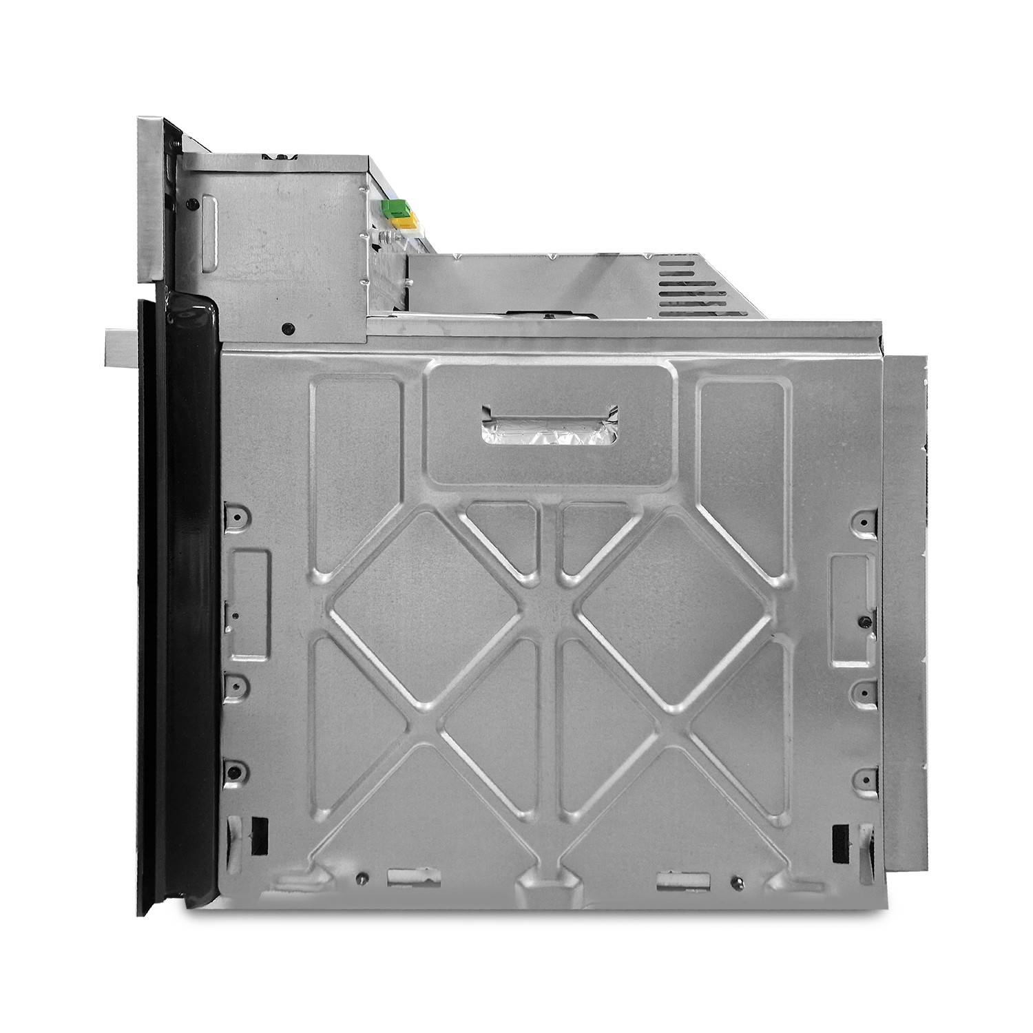 Seitenansicht eines silbernen Metall-Elektronikmoduls oder Laufwerk-Gehäuses mit Lüftungsöffnungen und Befestigungspunkten, isoliert auf weißem Hintergrund.
