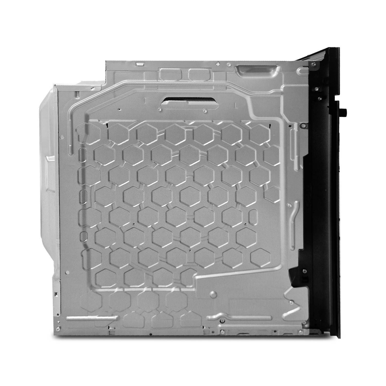 Seitenansicht eines silbernen Metallcomputer-Gehäuses oder Gerätepanels mit einem sechseckigen Lüftungsmuster und schwarzer Kantenverkleidung auf der rechten Seite.