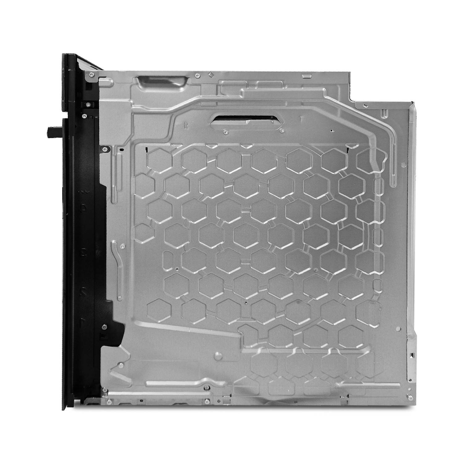 Seitenansicht eines silbernen Metallgerätepanels mit sechseckigem Ausschnittbelüftungsmuster und schwarzer Montagekante.