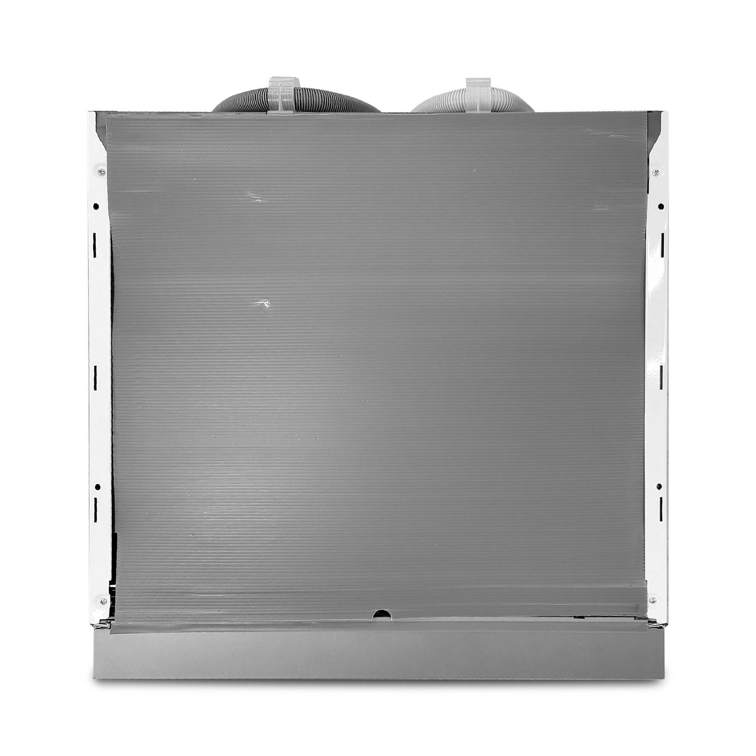 Vorderansicht eines rechteckigen HVAC-Heizkörpers oder Kühlkerns mit Metallseitenbefestigungen und zwei Schlauchverbindungen oben.