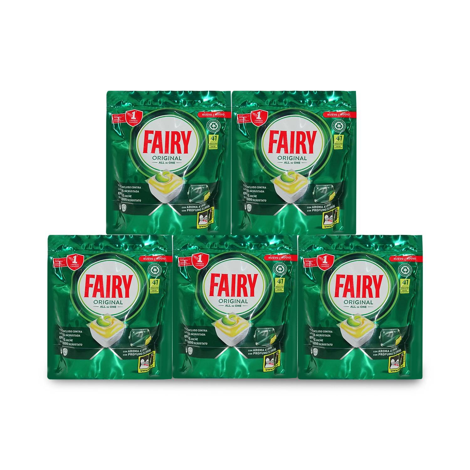 Fünf grüne Fairy Original Geschirrspülmittel-Packungen in einer Pyramide angeordnet, mit zwei oben und drei unten.