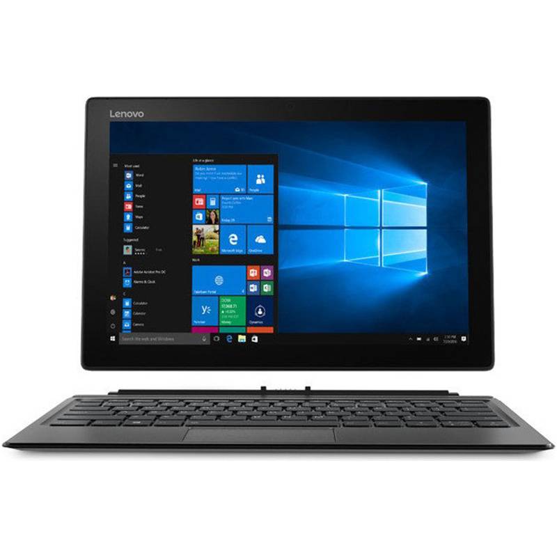 Lenovo 2-in-1-Laptop mit abnehmbarer Tastatur, auf dem der Windows-10-Desktop und das Startmenü angezeigt werden.