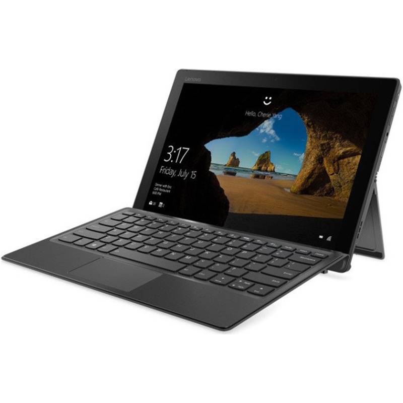 Ein schwarzes 2-in-1-Laptop/Tablet mit abnehmbarer Tastatur, das im Zeltmodus offen angezeigt wird und den Windows-Sperrbildschirm anzeigt.