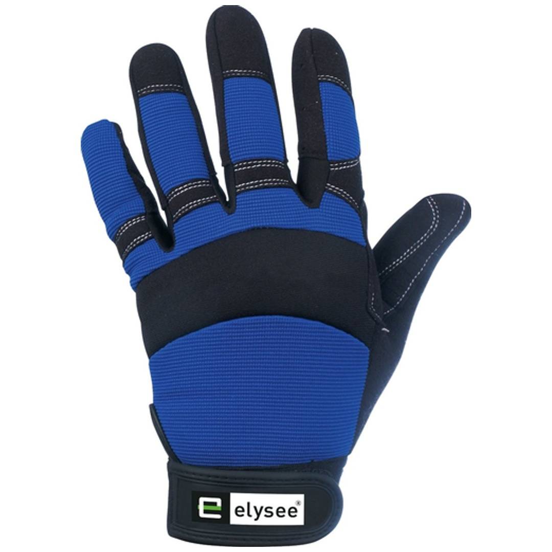 Blau-schwarzer Arbeitshandschuh mit gepolsterter Handfläche und Fingerverstärkung, offen dargestellt mit dem 'elysee'-Logo am Handgelenk.