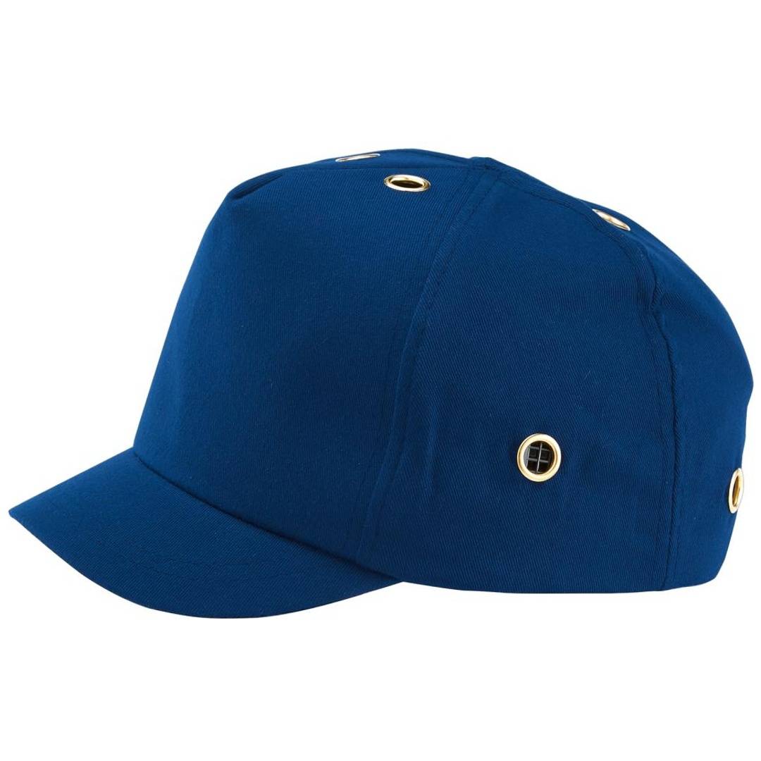 Blaue Baseballmütze mit gekrümmtem Schirm und metallischen Belüftungsösen auf weißem Hintergrund.