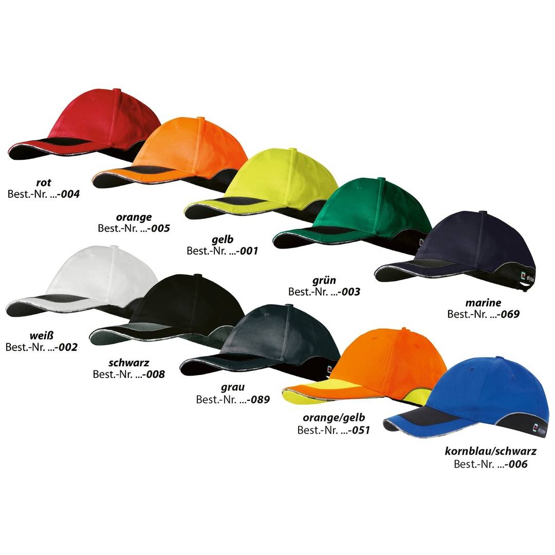 Katalogbild von neun Baseballmützen in verschiedenen Farben, jede mit deutschen Farbnamen und Artikelnummern gekennzeichnet.