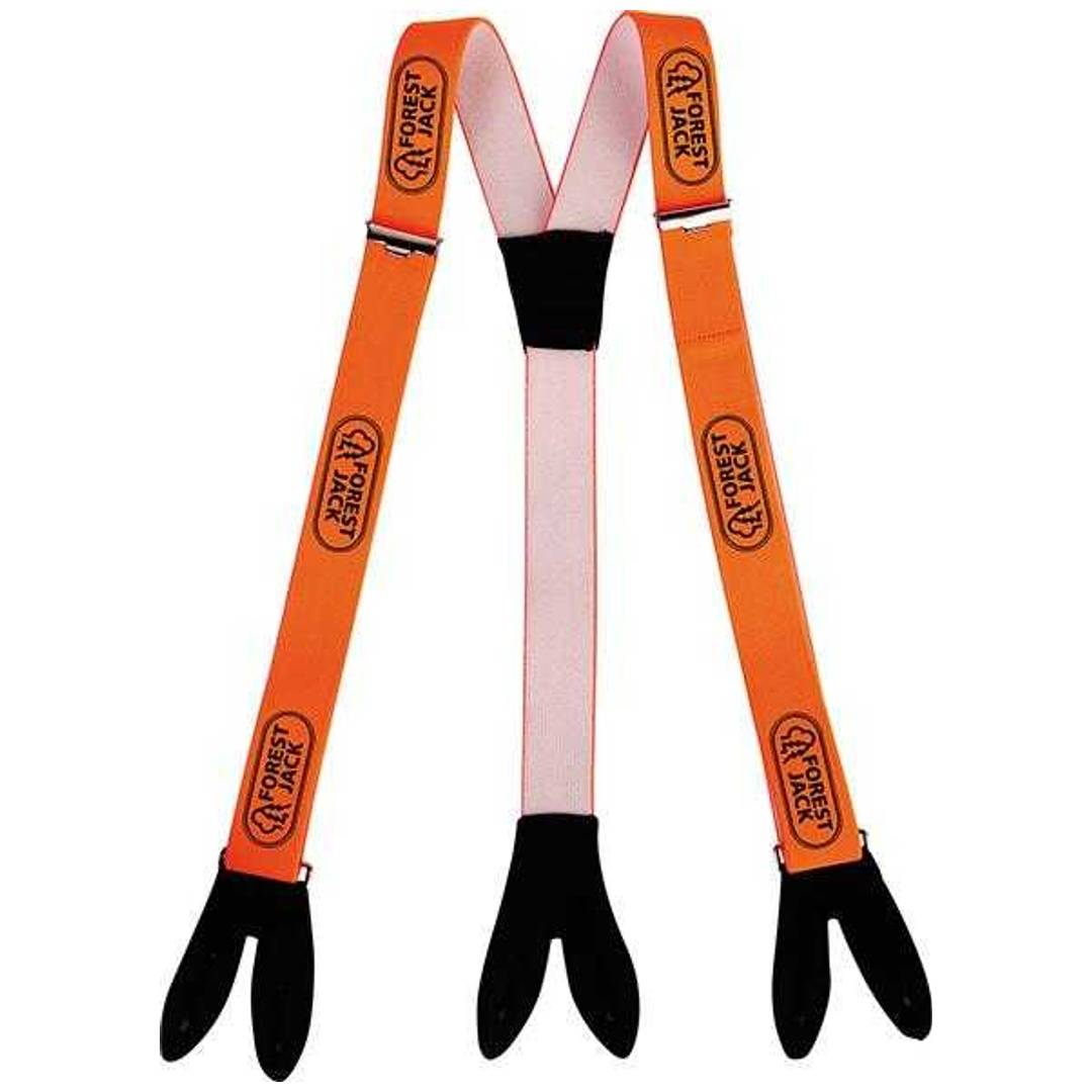 Orange- und rosafarbene Hosenträger im Wald-Track-Design mit schwarzen Clips und Y-Rücken-Design auf weißem Hintergrund.